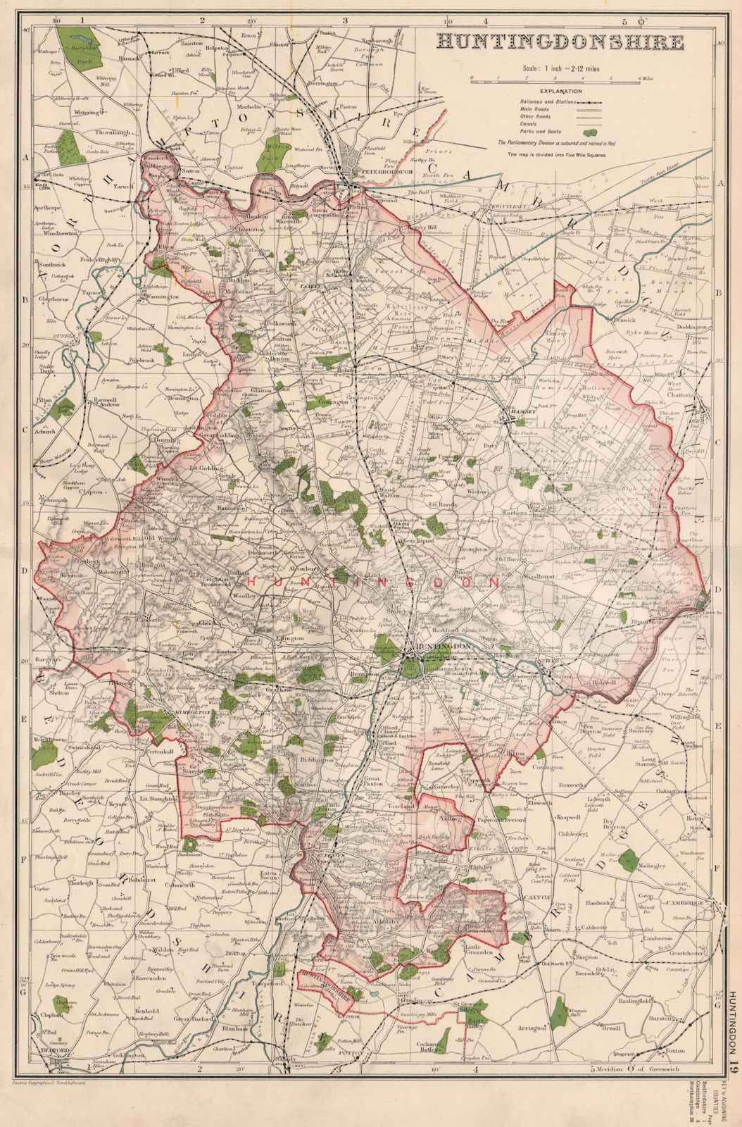 HUNTINGDONSHIRE.Showing Parliamentary divisions,boroughs & parks.BACON 1936 map