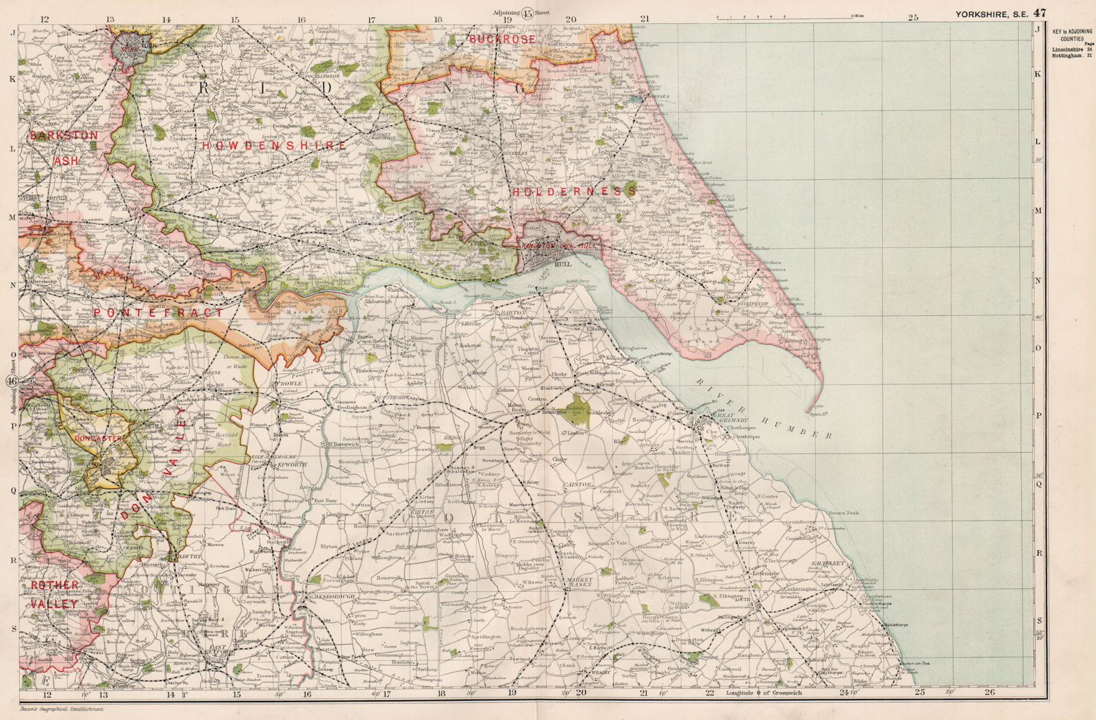 Associate Product YORKSHIRE (SOUTH EAST) . Showing Parliamentary divisions & parks. BACON 1936 map