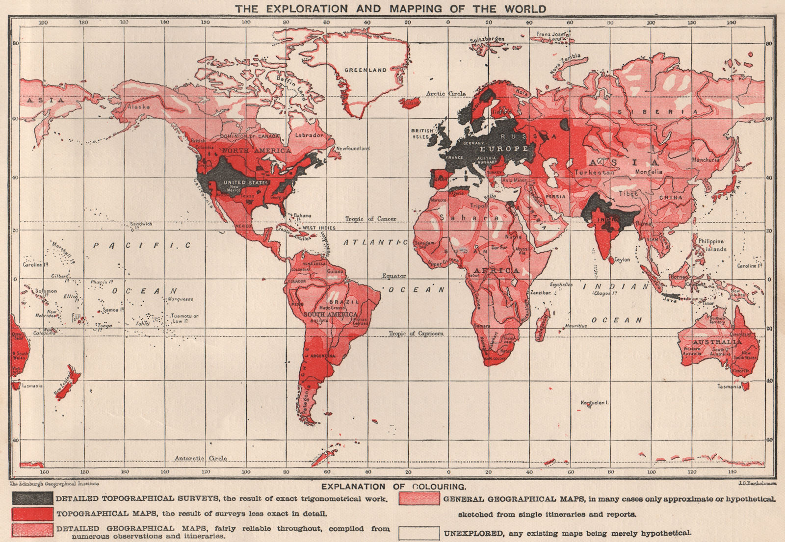 Associate Product WORLD. Showing the extent of exploration and mapping. BARTHOLOMEW 1901 old