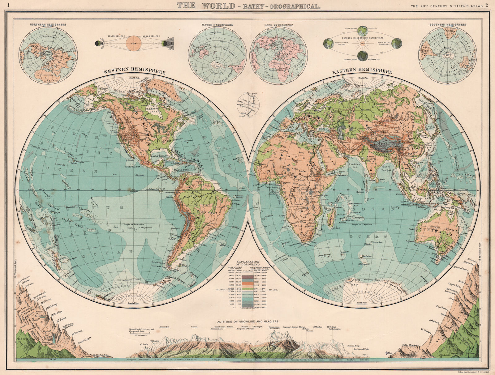 Associate Product WORLD TWIN HEMISPHERES. Relief map. Mountains eclipses snowline seasons 1901