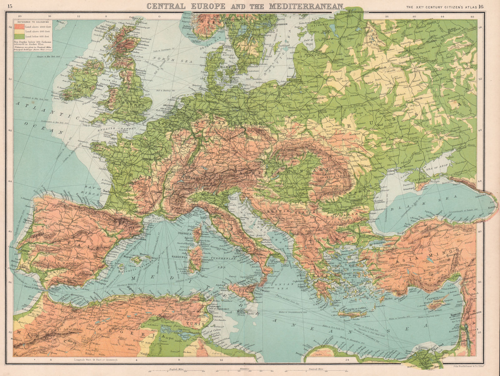 EUROPE & MEDITERRANEAN. Relief. Railways. Shipping routes. BARTHOLOMEW 1901 map