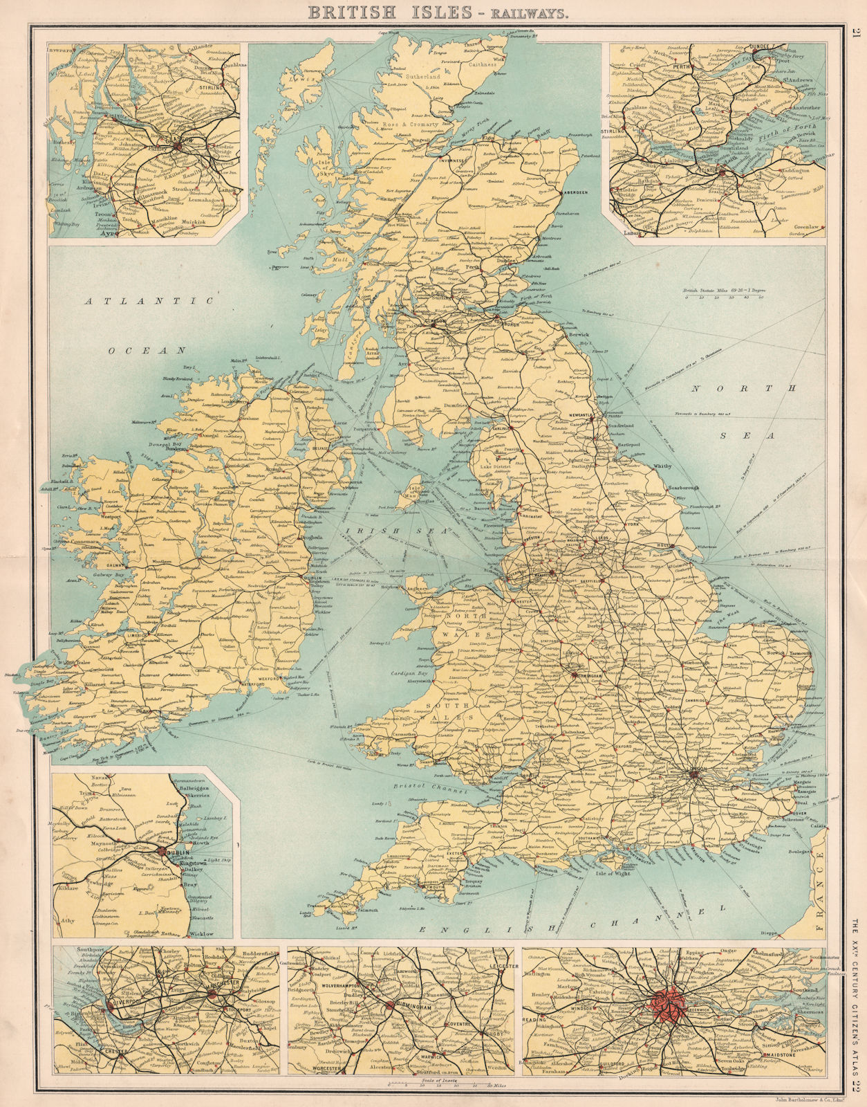 BRITISH ISLES RAILWAYS. Glasgow Edinburgh Manchester Birmingham London 1901 map