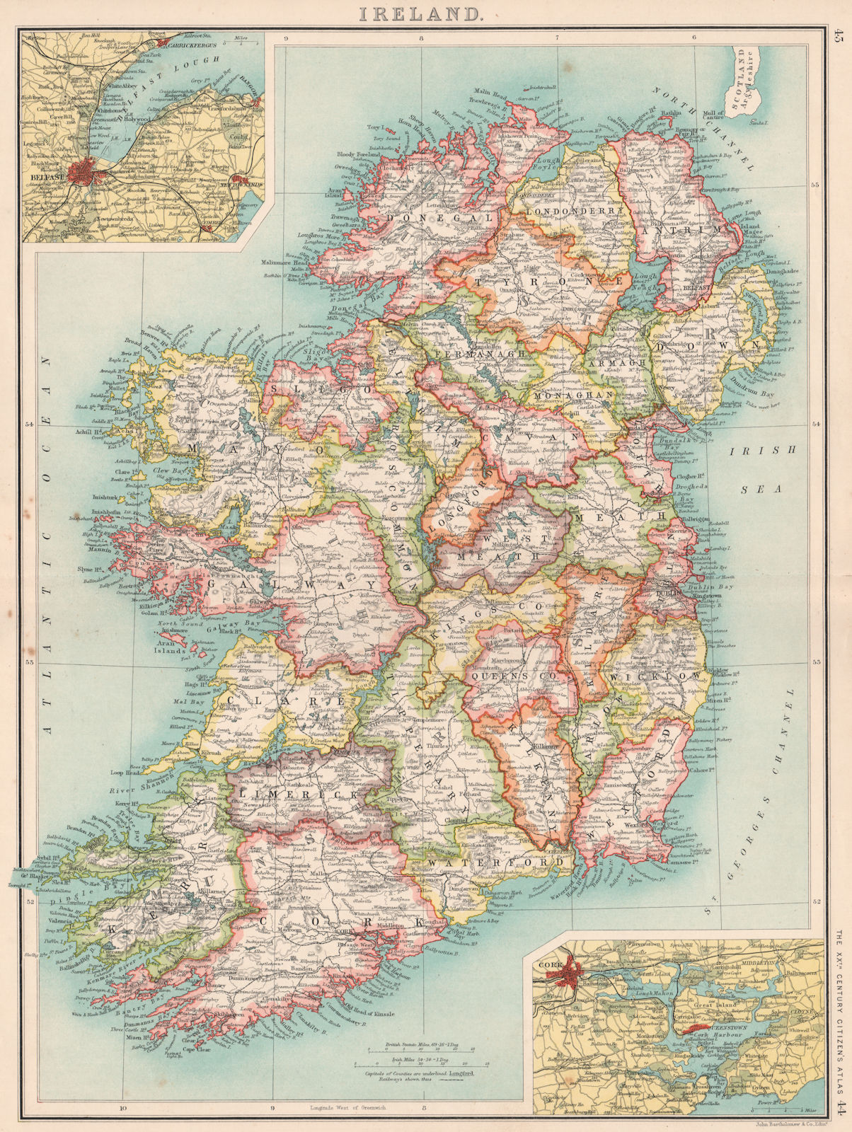 IRELAND. Showing counties & railways. Inset Belfast & Cork. BARTHOLOMEW 1901 map