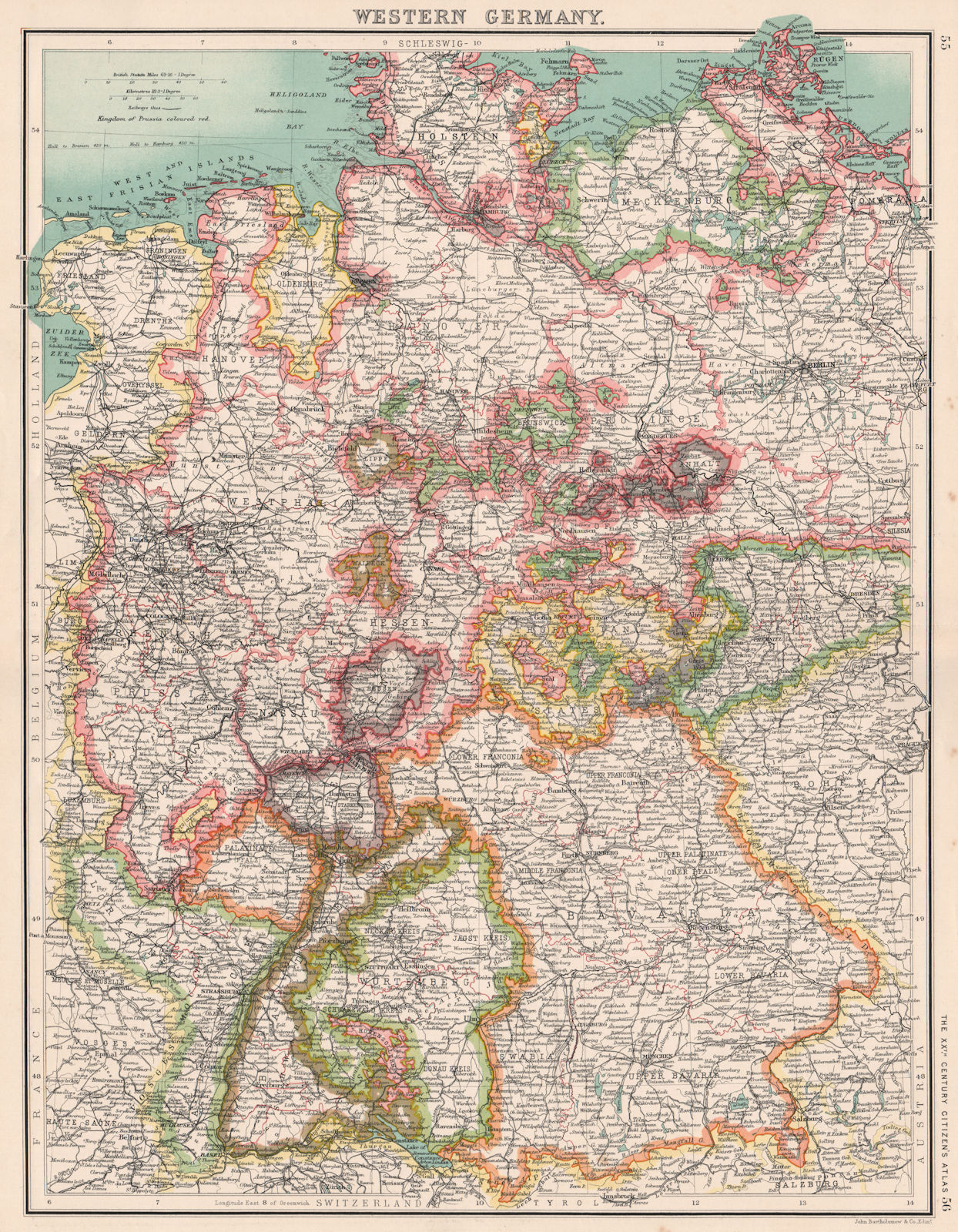 WESTERN GERMANY. Showing states. Brandenburg Hanover Westphalia Bavaria 1901 map