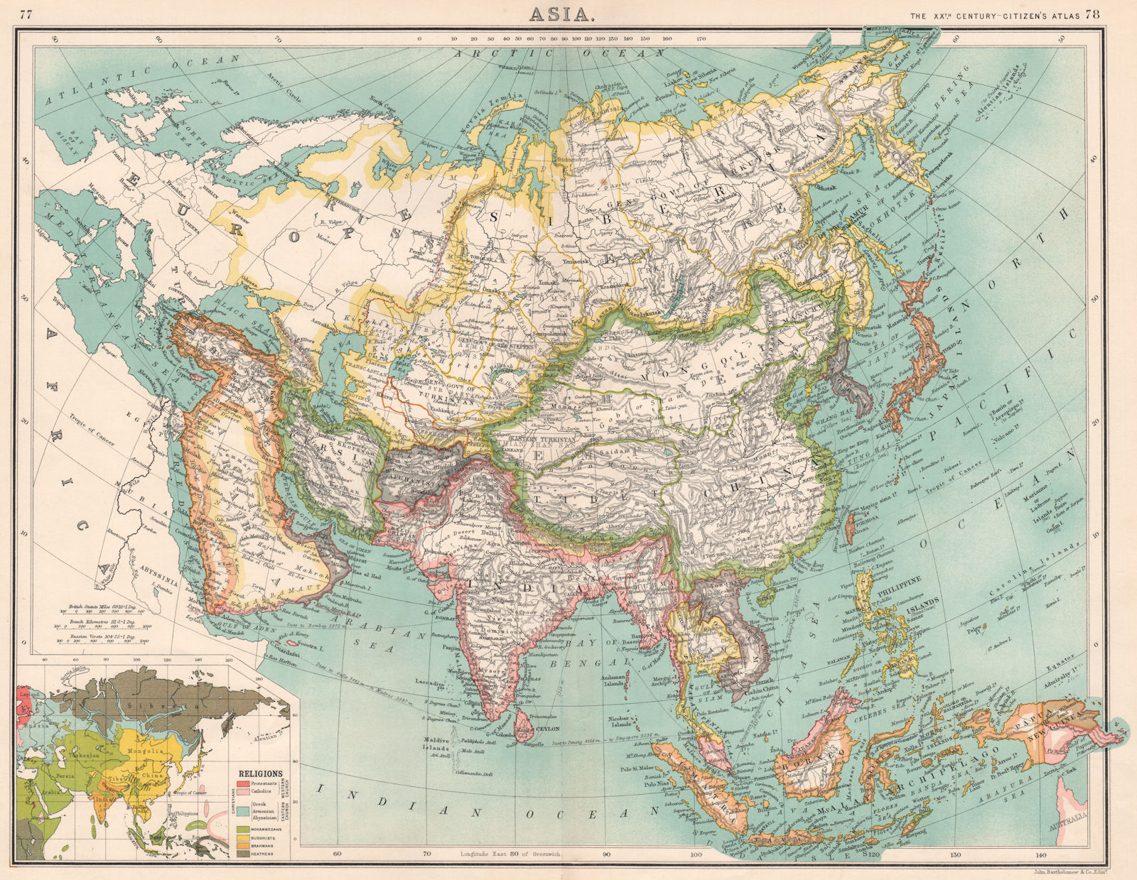 ASIA POLITICAL & RELIGIOUS.China India Persia(Iran)Japan Annam Arabia 1901 map
