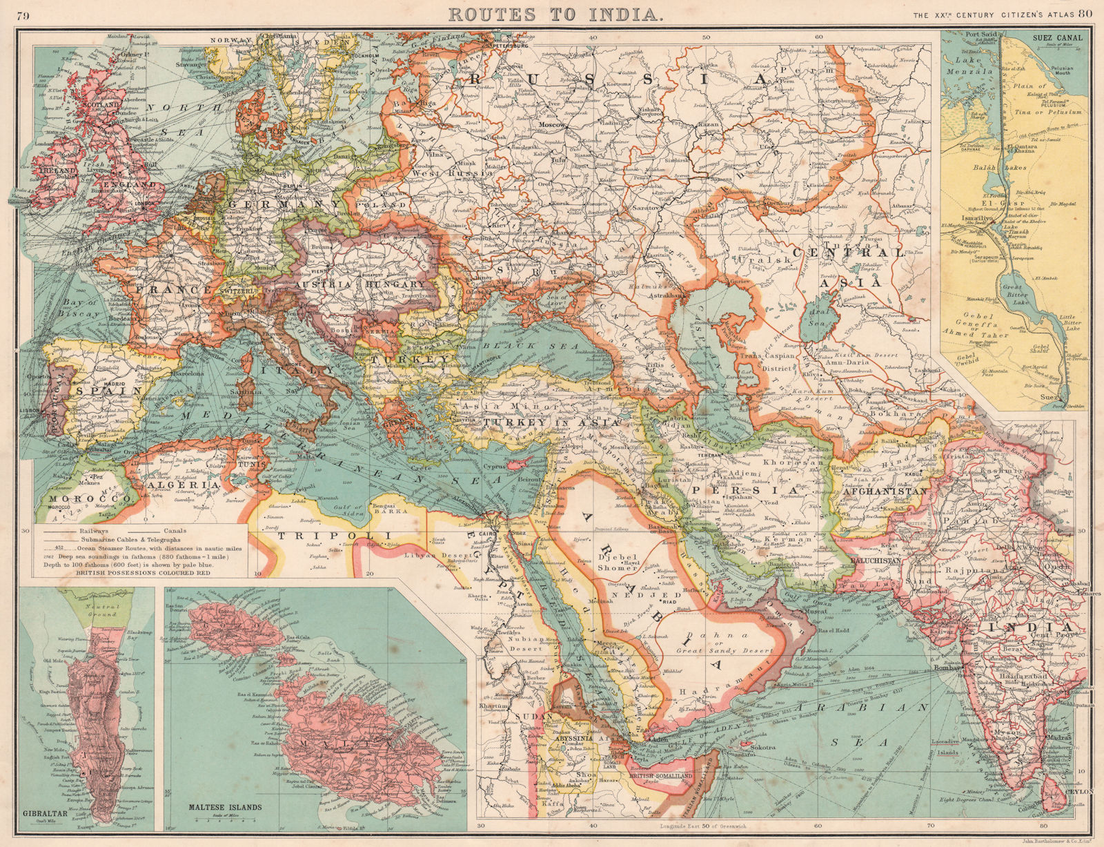 Associate Product ROUTES TO INDIA.Europe Middle East & Asia.Suez Canal Gibraltar & Malta 1901 map