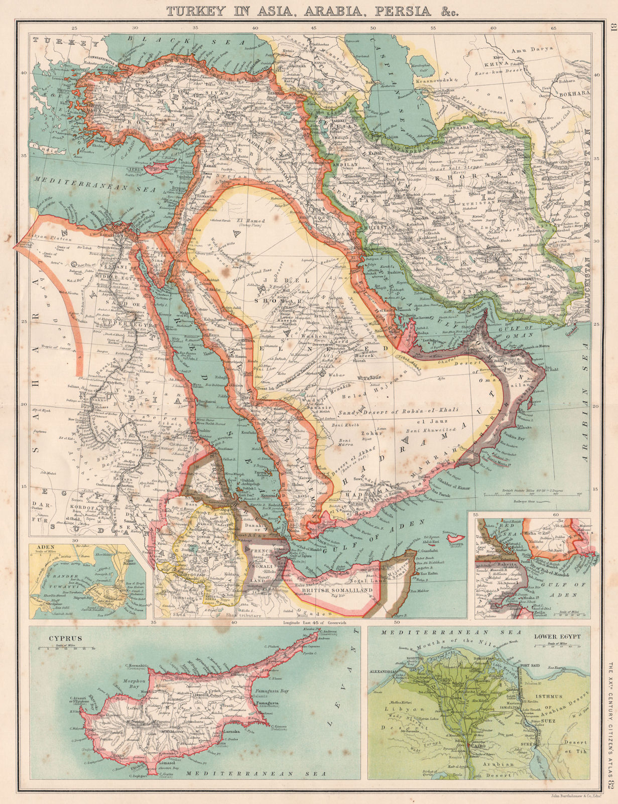 Associate Product MIDDLE EAST.Turkey Asia Arabia Persia(Iran)Egypt Oman.Cyprus Nile Delta 1901 map