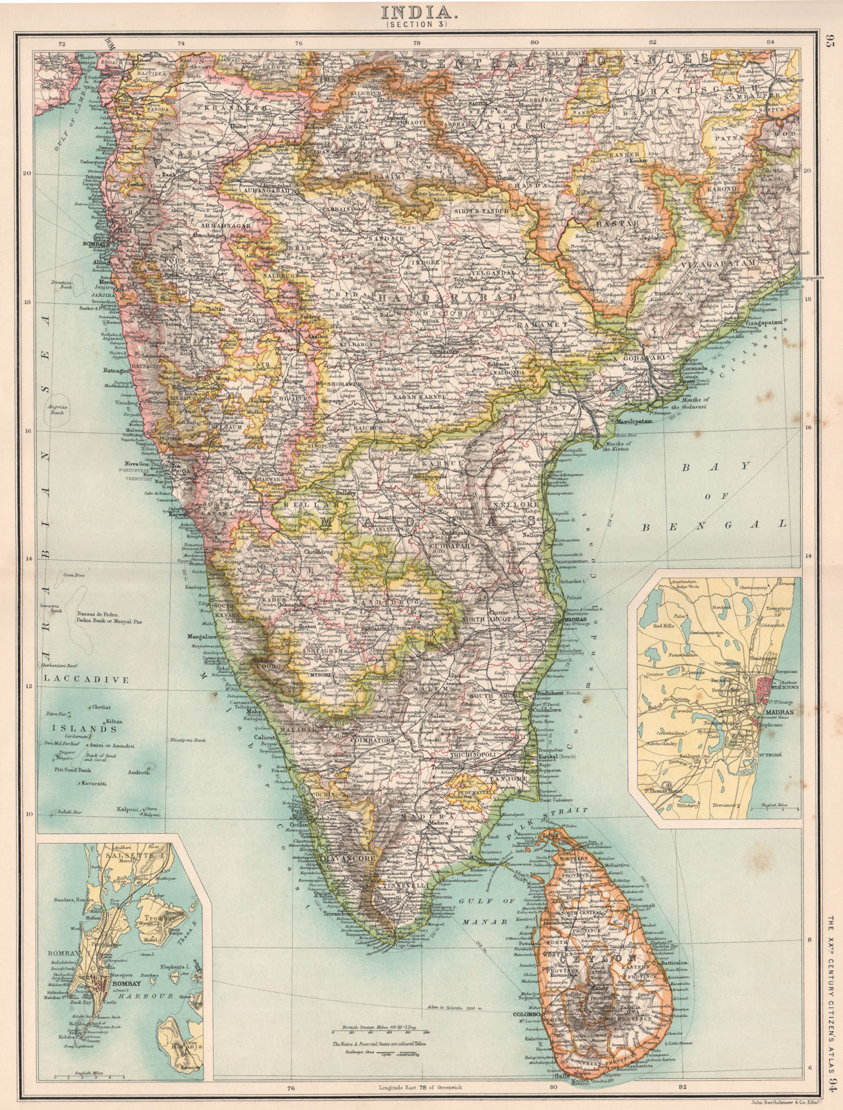 S INDIA CEYLON (SRI LANKA) . Mysore Madras (Chennai) Bombay (Mumbai)  1901 map