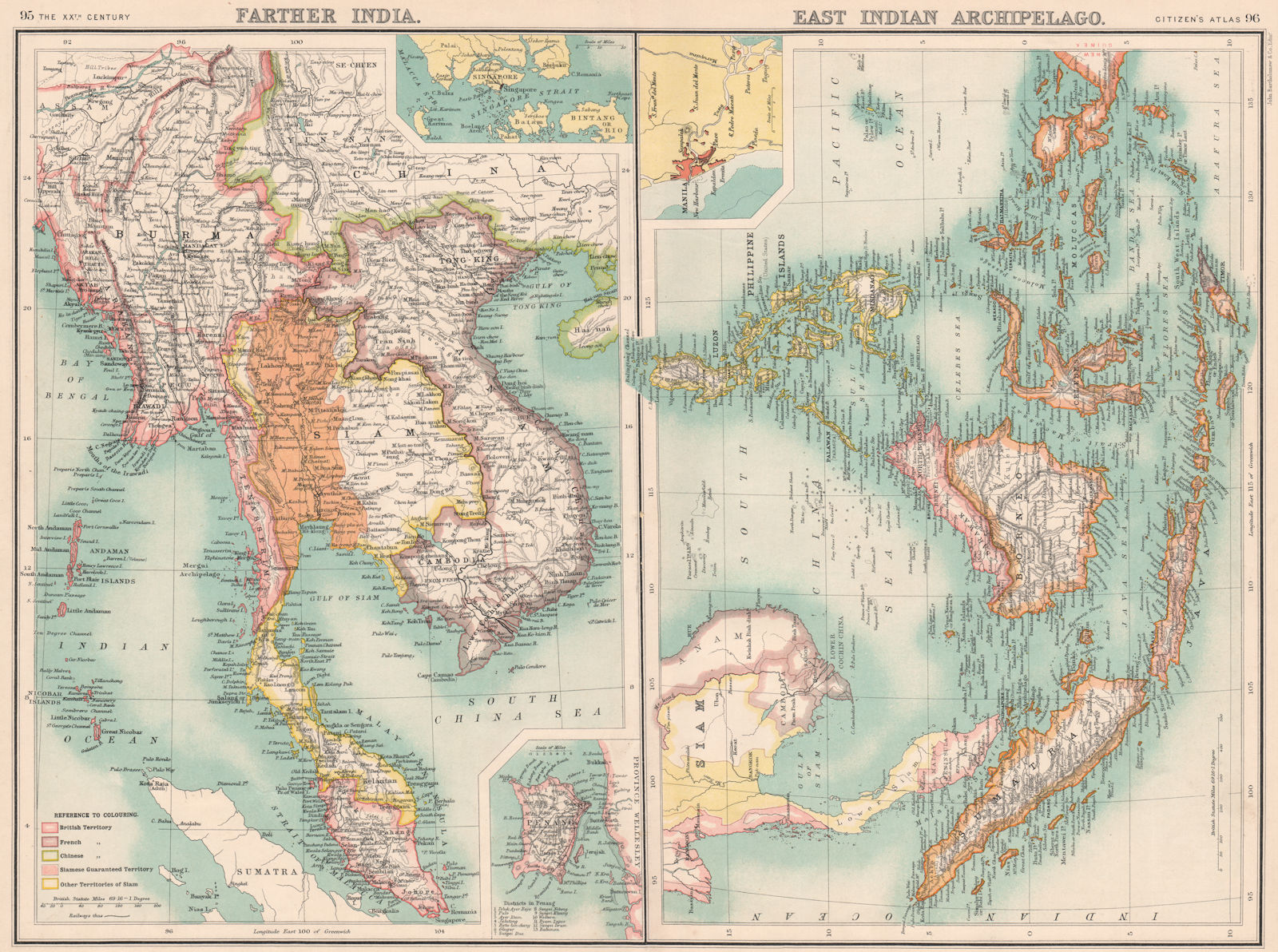 INDOCHINA & EAST INDIES. Siam Burma Annam. Penang Manila Singapore 1901 map