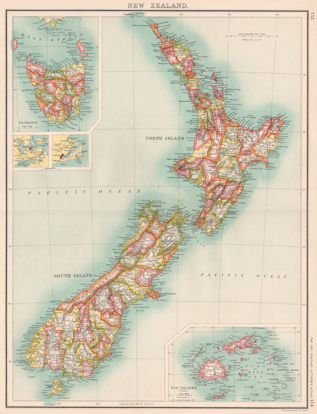 Associate Product NEW ZEALAND.Showing counties.Inset Tasmania & Fiji Islands.BARTHOLOMEW 1901 map