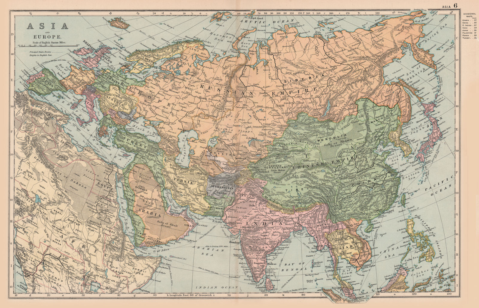ASIA EUROPE. Political Siam Persia (Iran) Ottoman emp. Indochina. BACON 1893 map