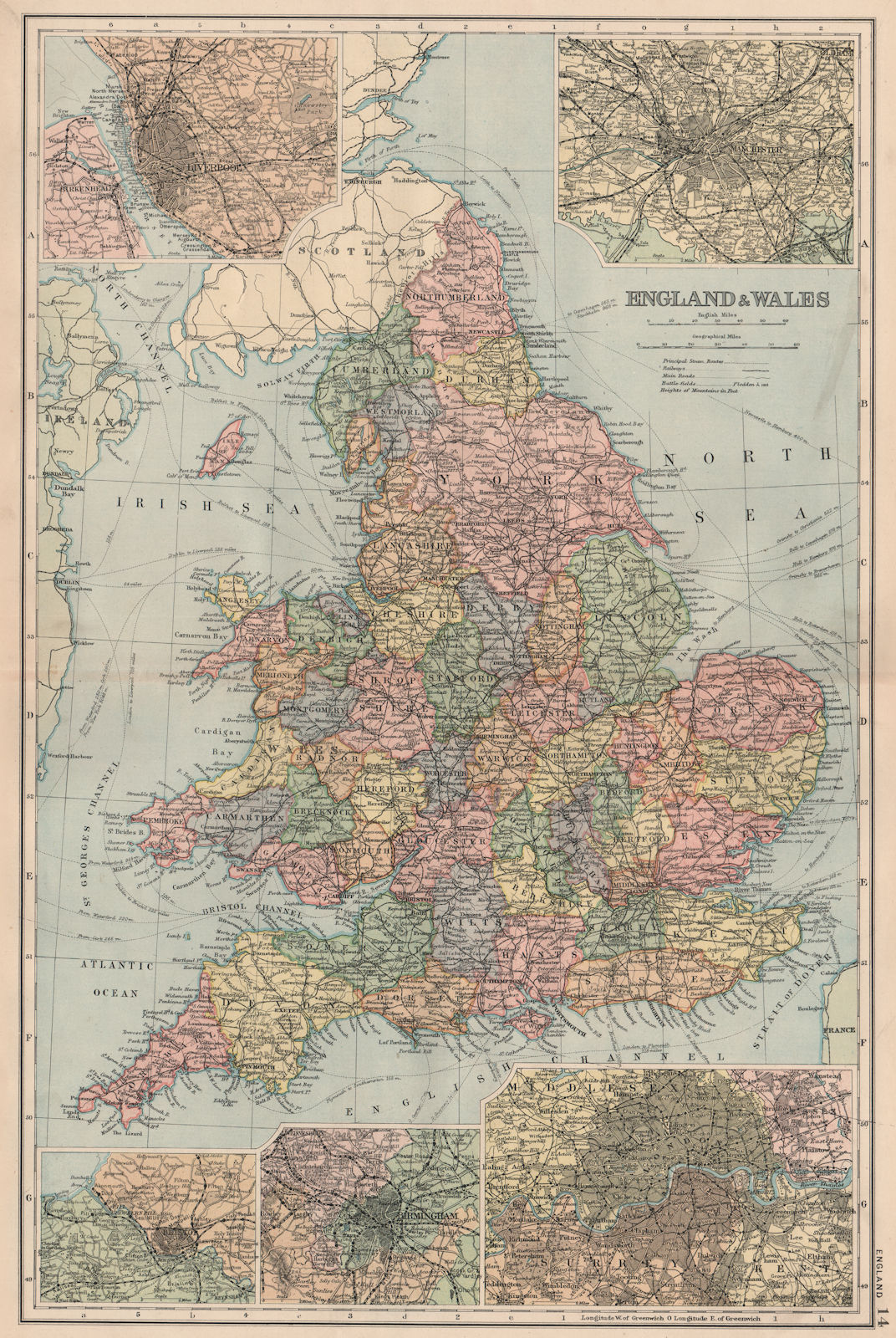 ENGLAND & WALES. Liverpool Manchester Bristol Birmingham London. BACON 1893 map