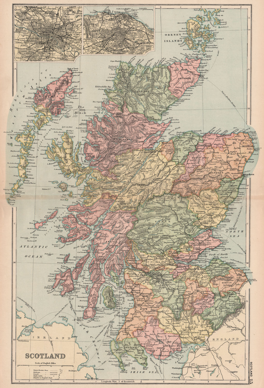 SCOTLAND. Showing counties. inset Glasgow & Edinburgh. BACON 1893 old map