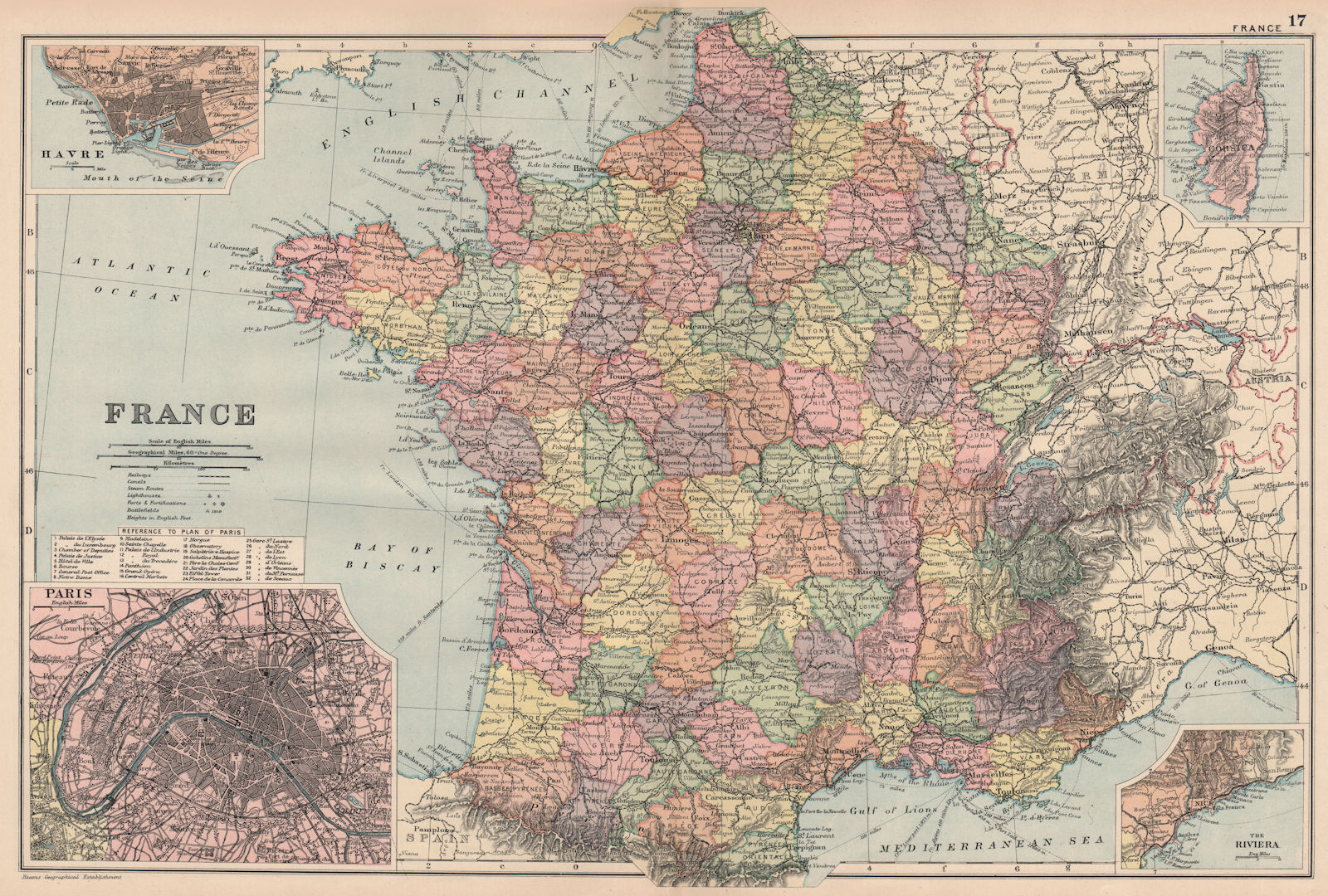 FRANCE. w/o Alsace/Lorraine. Inset Le Havre & Paris. BACON 1893 old map