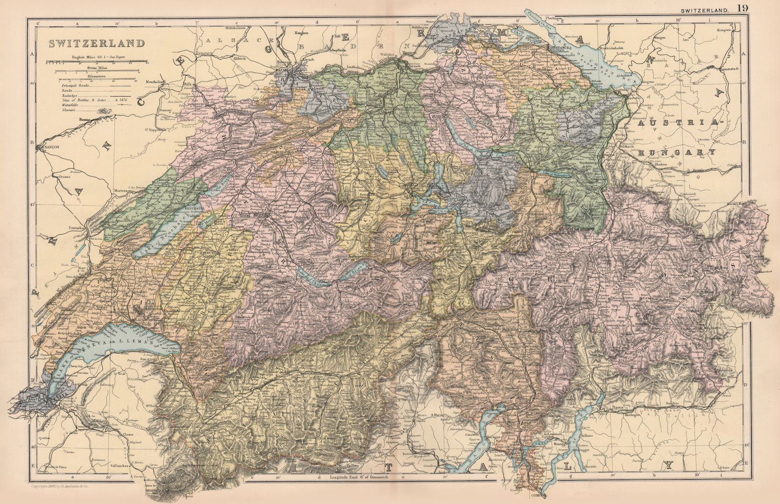 SWITZERLAND BATTLES.Shows battlefields & dates.Cantons glaciers.BACON 1893 map