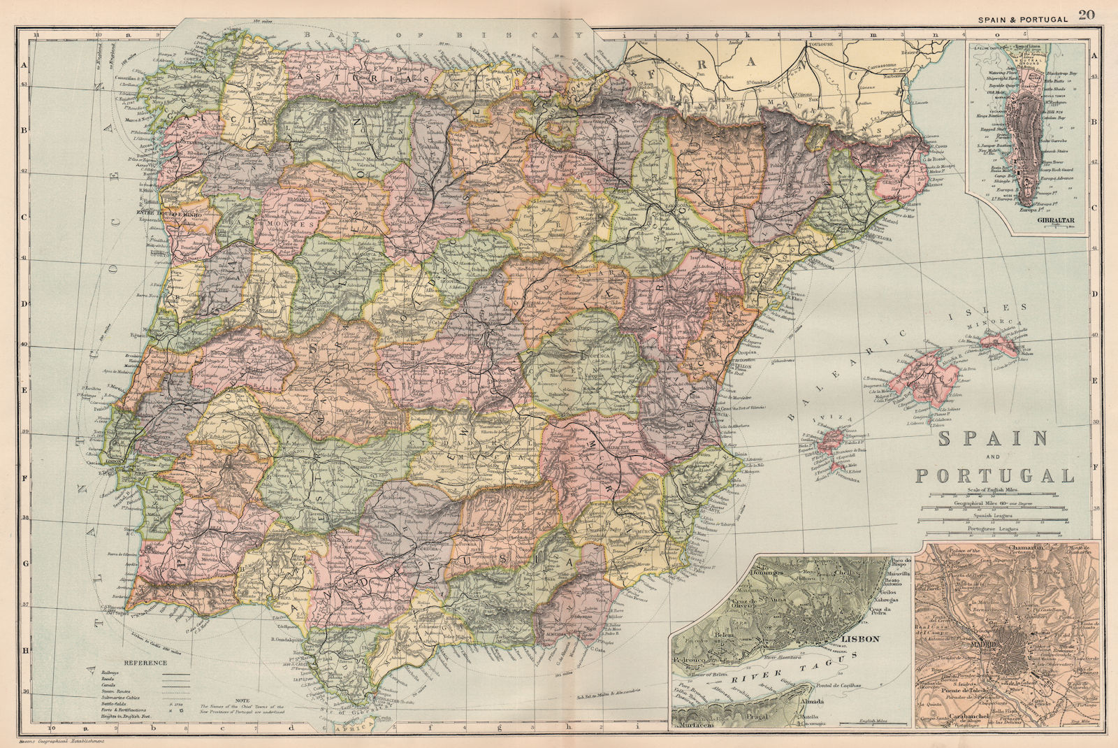 IBERIA. Spain & Portugal; inset Gibraltar; Lisbon; Madrid. BACON 1893 old map