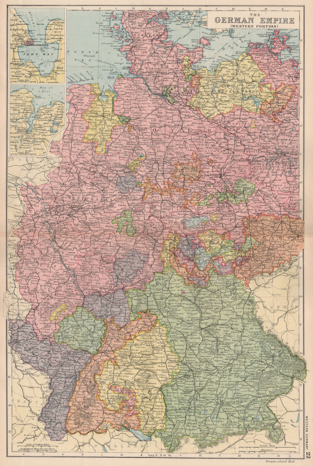 Associate Product GERMANY.German Empire(West);inset Wilhelmshaven Kiel.Railways.BACON 1893 map