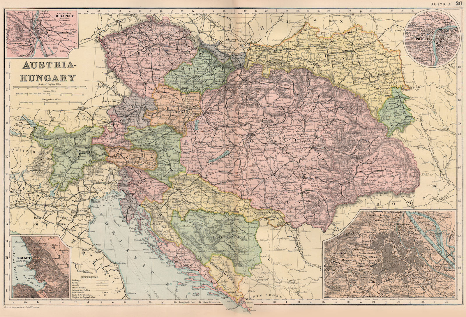 AUSTRIA-HUNGARY. Railways. Inset Budapest; Trieste Vienna Prague. BACON 1893 map