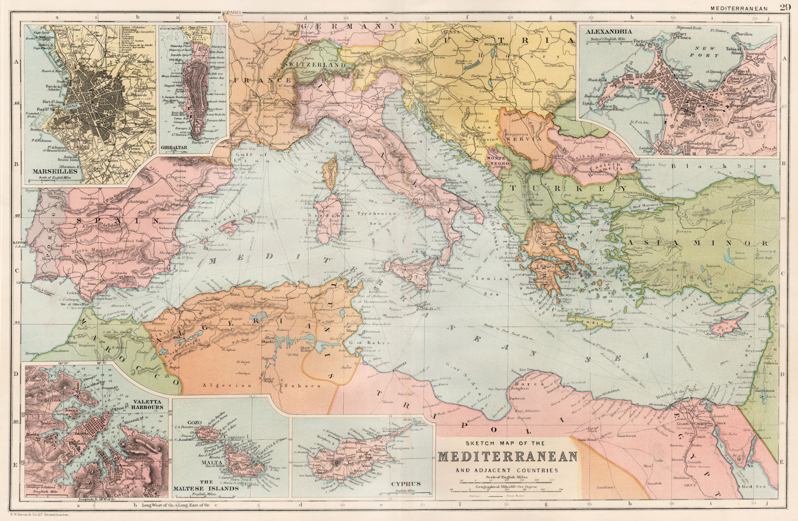 MEDITERRANEAN. Marseilles Gibraltar Valetta Malta Cyprus Alexandria 1893 map
