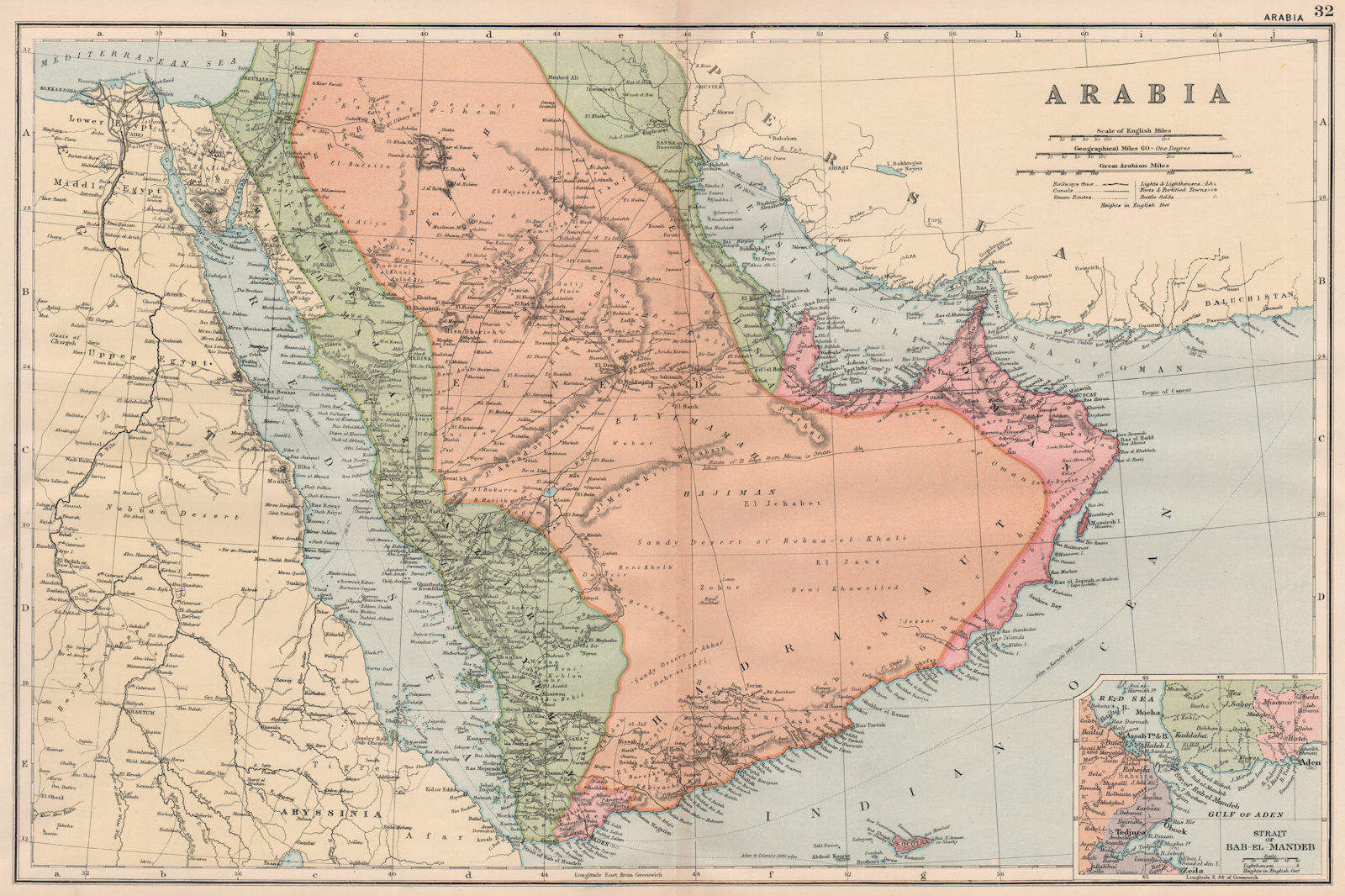 ARABIA.Forts steam routes.Bab-el-Mandeb.Saudi Yemen Oman Kuwait.BACON 1893 map