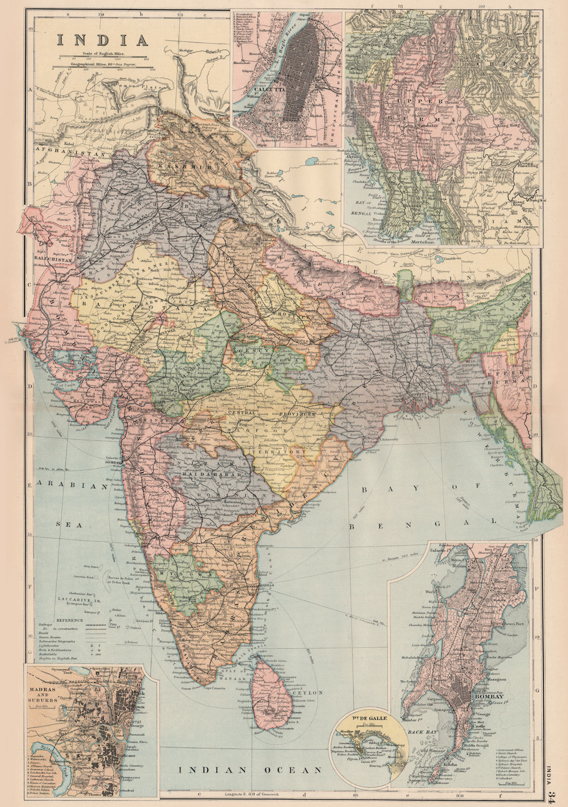 BRITISH INDIA.Calcutta(Kolkata)Burma Madras(Chennai)Bombay(Mumbai).Rail 1893 map