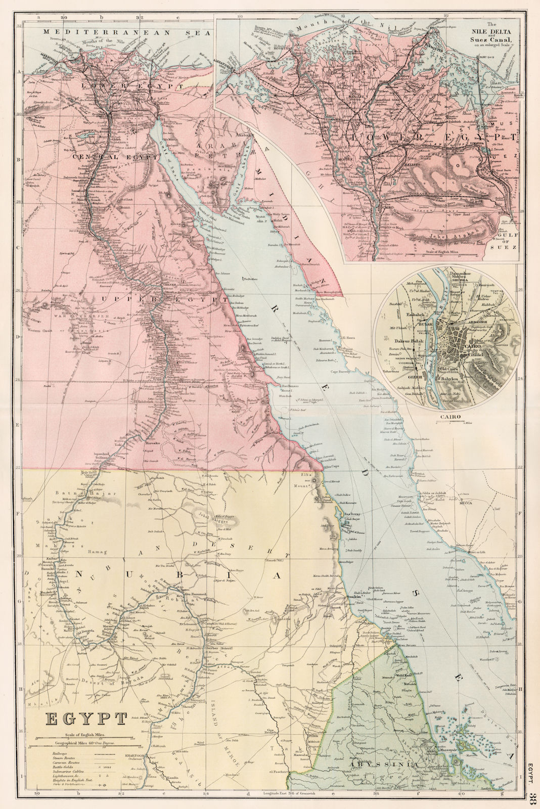 Associate Product EGYPT & NILE VALLEY.Inset Delta & Suez Canal;Cairo.Battlefields.BACON 1893 map