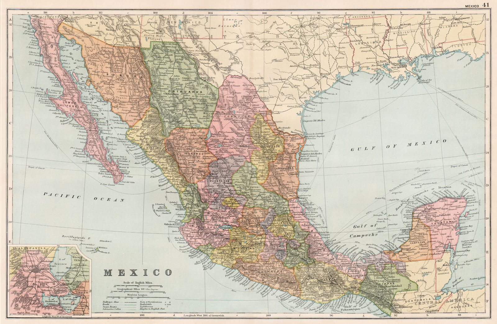 MEXICO. Shows states. Inset environs of Mexico City. BACON 1893 old map