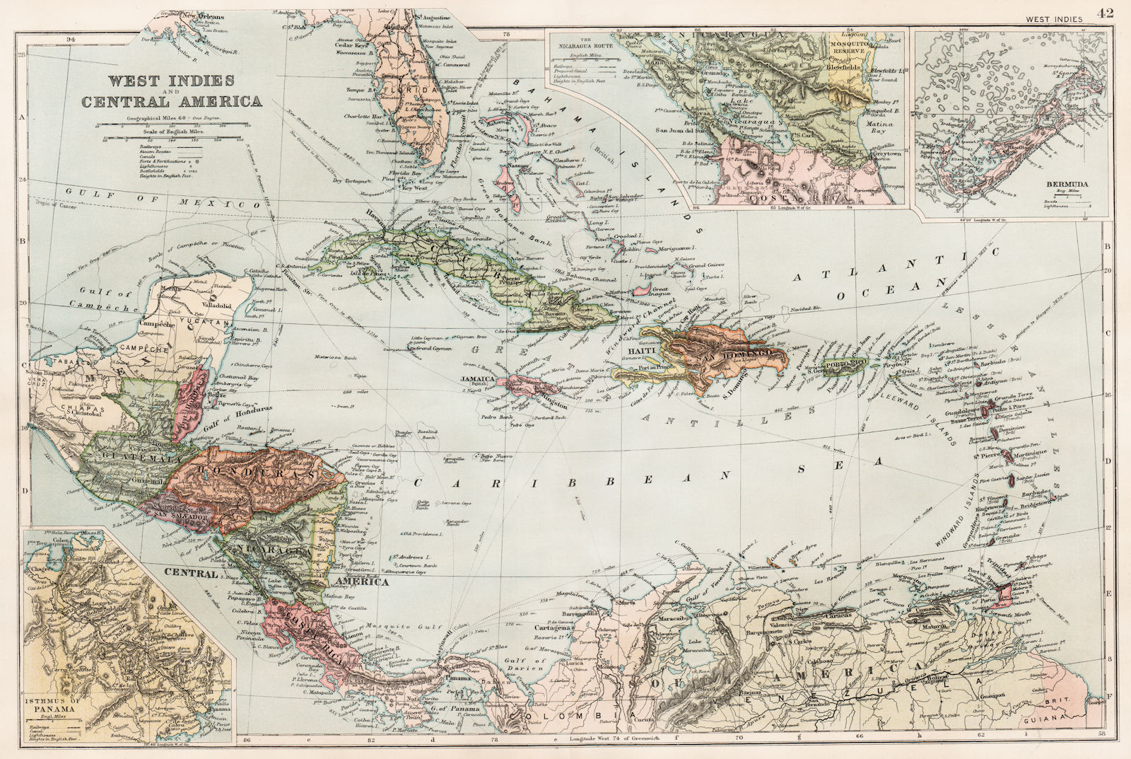 Associate Product CARIBBEAN. West Indies and Central America; inset Panama Canal; Bermuda 1893 map