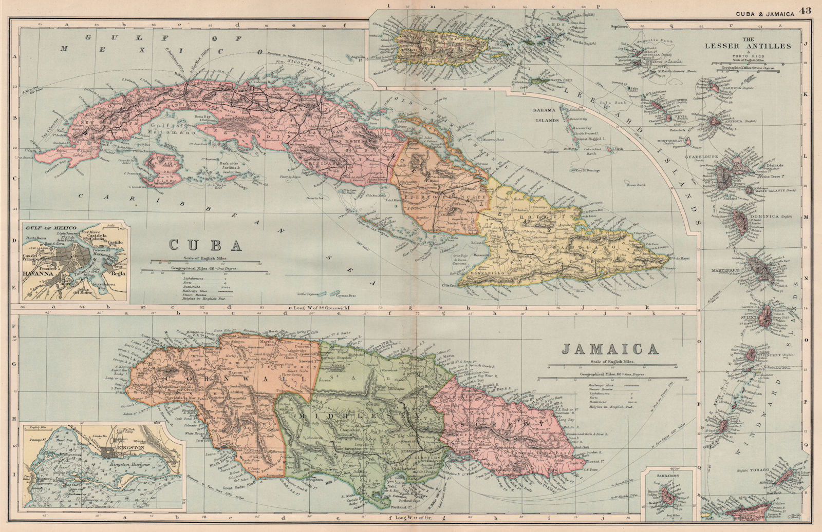 Associate Product WEST INDIES. Cuba Jamaica Lesser Antilles. Inset Havana Kingston. BACON 1893 map