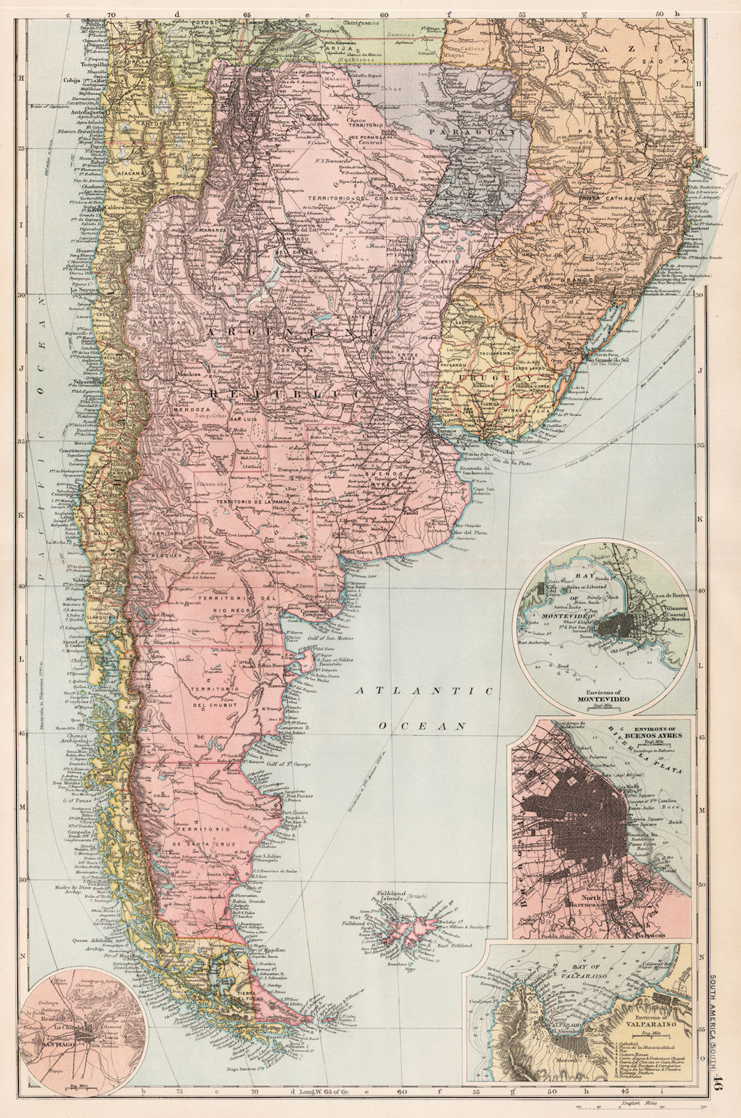 S AMERICA. Chile Argentina Montevideo Buenos Aires Valparaiso Santiago 1893 map