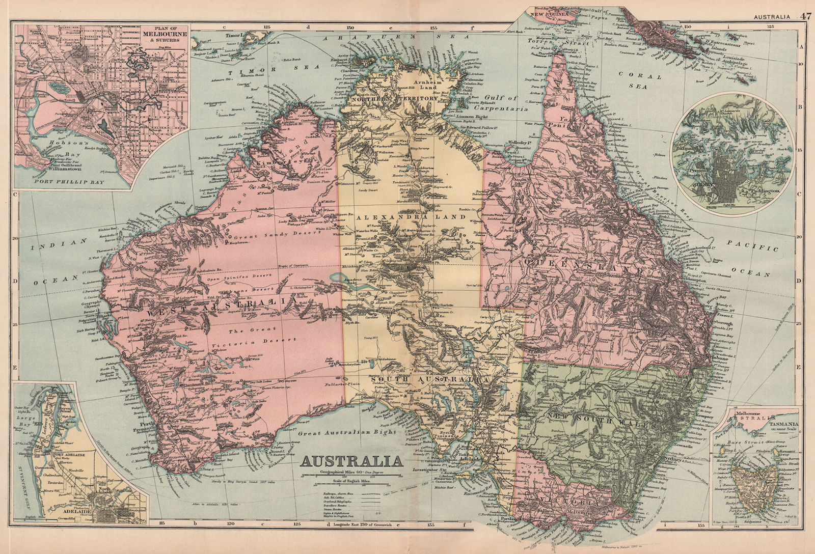AUSTRALIA. Alexandra Land. Melbourne Adelaide Sydney. Explorers routes 1893 map