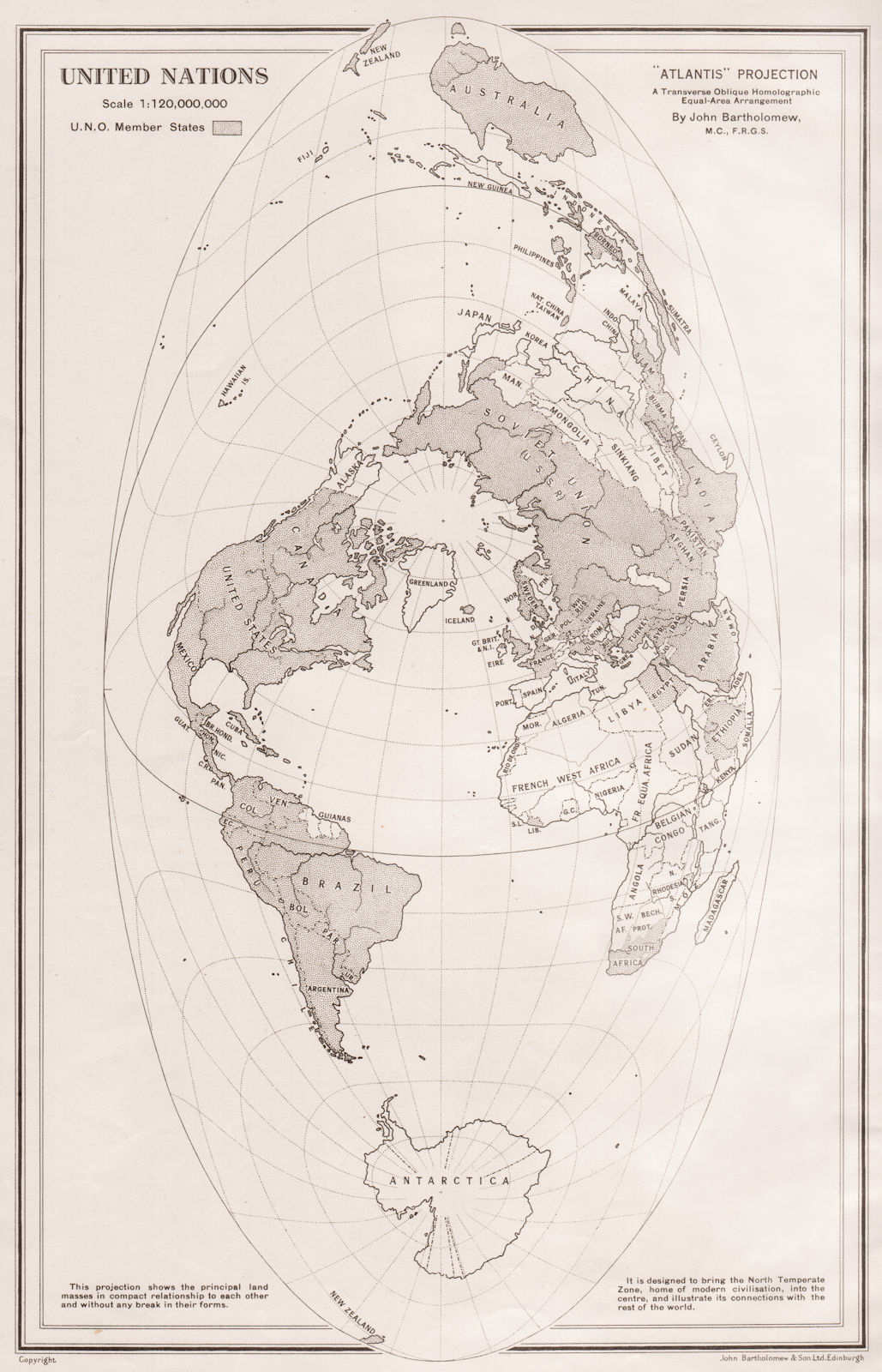 WORLD (ATLANTIS PROJECTION) . United Nations member states. BARTHOLOMEW 1952 map