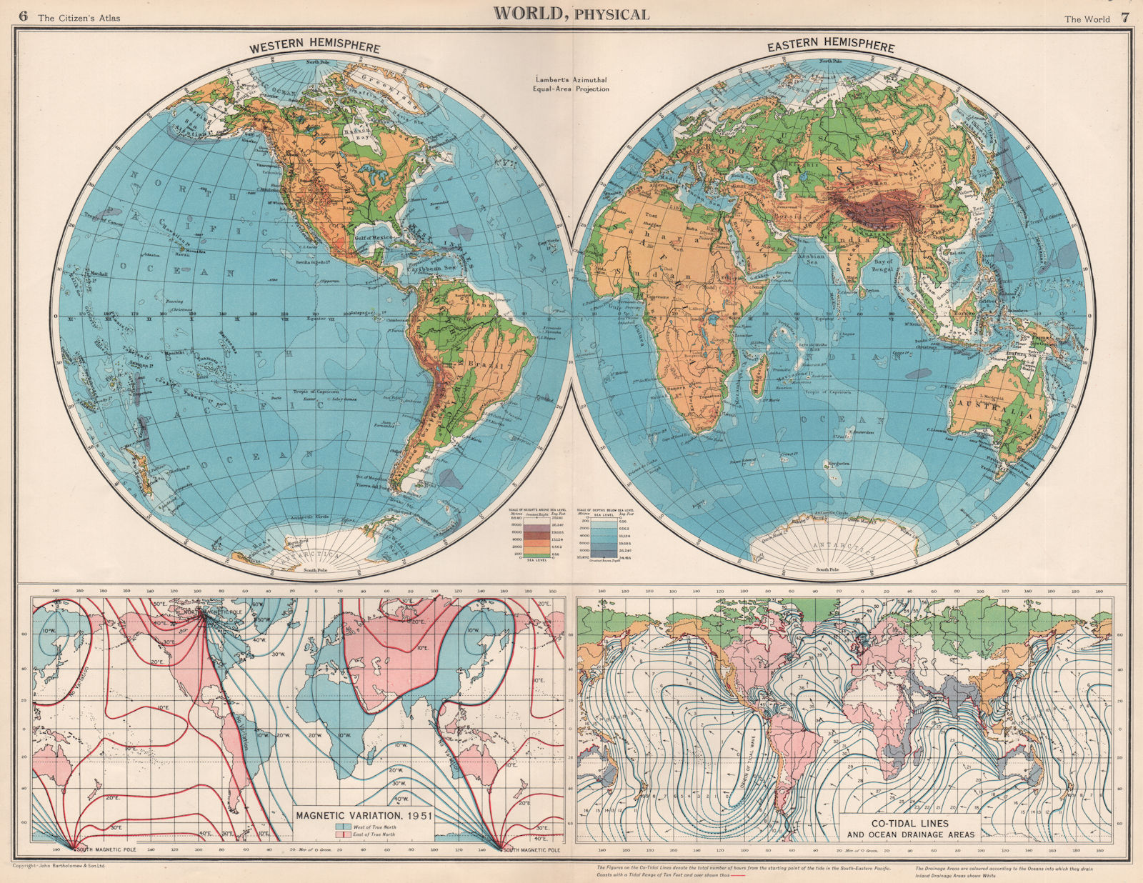 Associate Product WORLD MAGNETIC VARIATION & COTIDAL LINES. Physical. Ocean Drainage.  1952 map