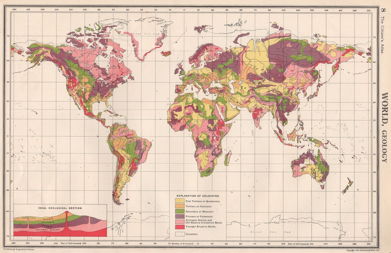 WORLD GEOLOGICAL. Geology. Primary Secondary Tertiary. BARTHOLOMEW 1952 map
