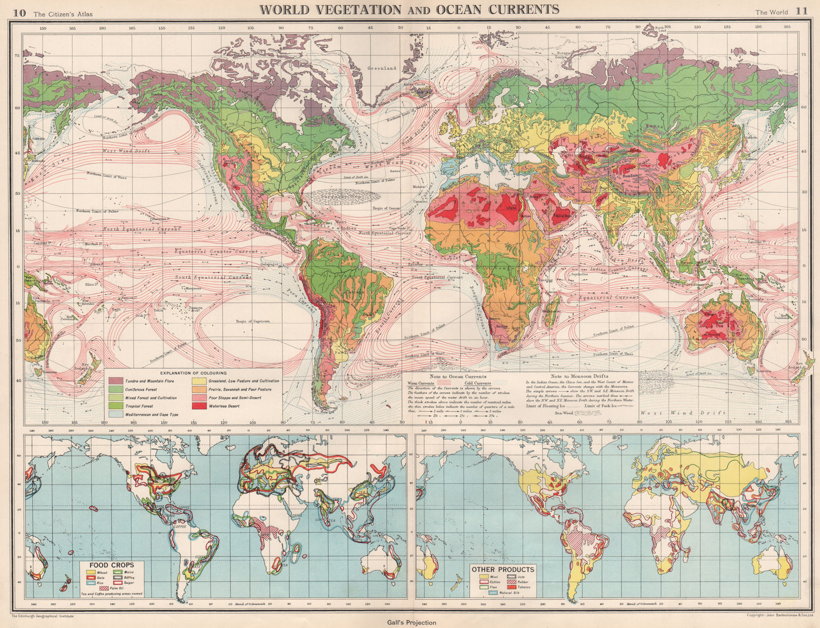 WORLD.Vegetation & Ocean Currents.Food crops.Agricultural commodities 1952 map