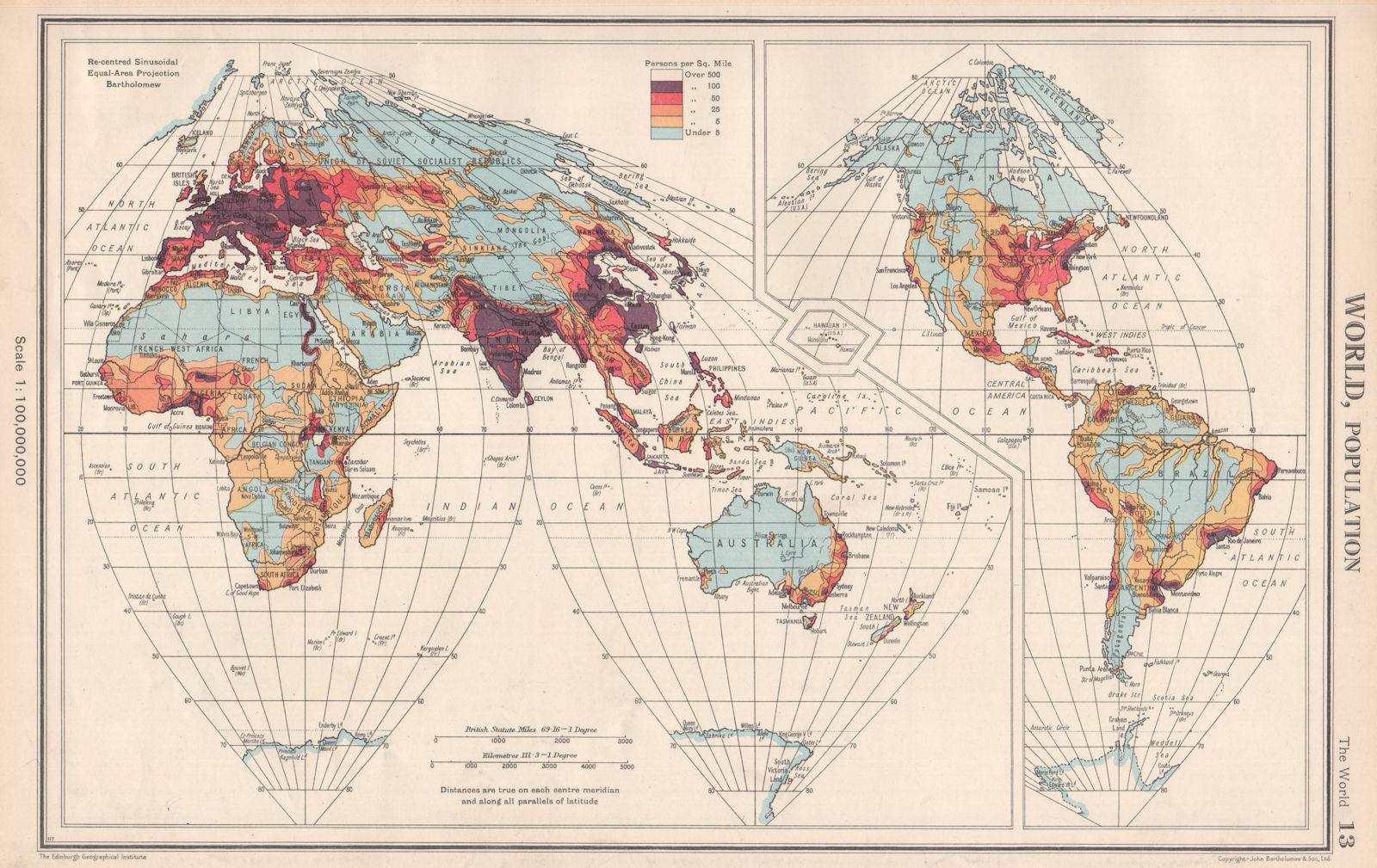 WORLD POPULATION. Sinusoidal equal area projection. BARTHOLOMEW 1952 old map