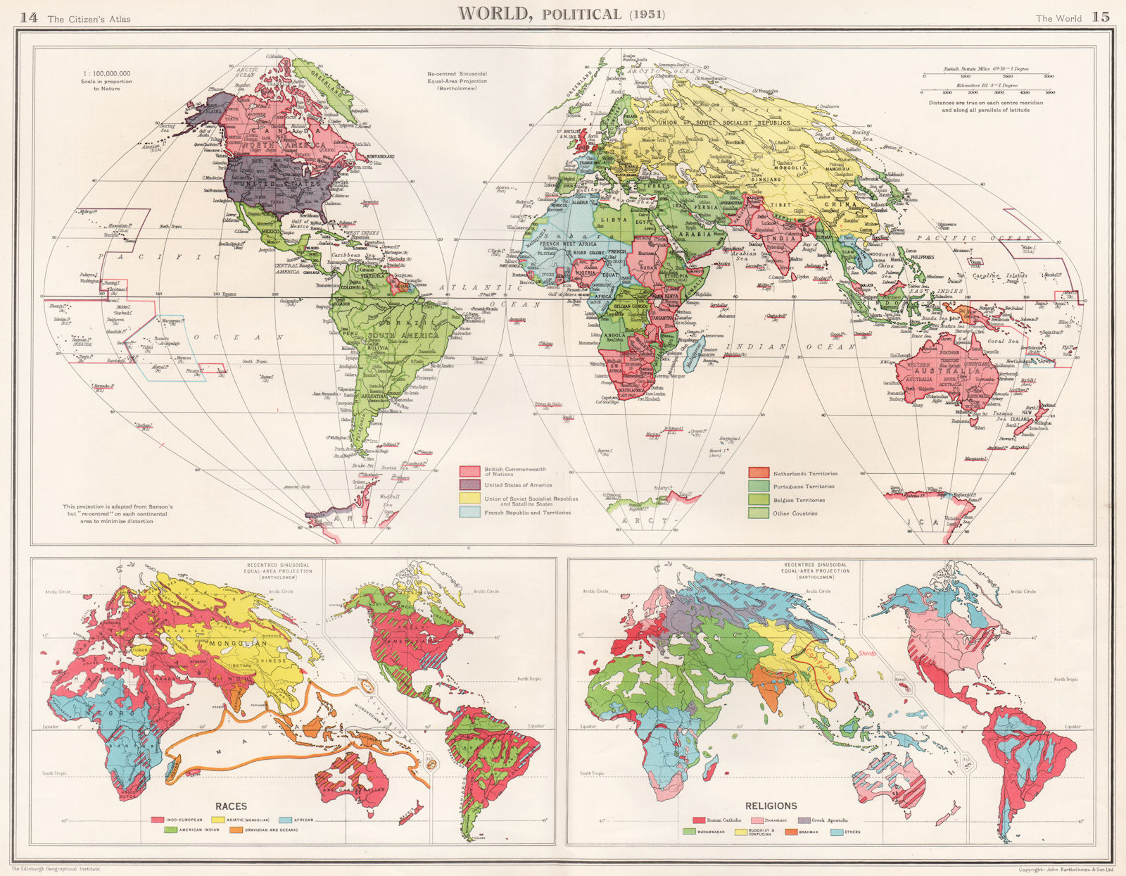 WORLD. Political post WW2 colonial. Races & Religions. BARTHOLOMEW 1952 map