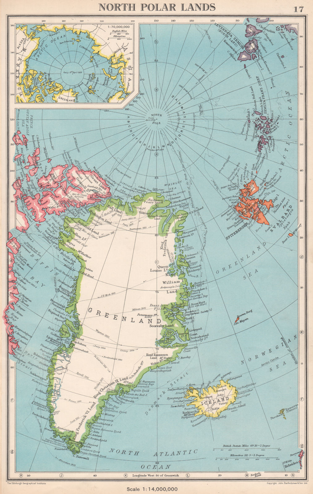 ARCTIC.North Polar Lands.Greenland Iceland.Explorers routes.BARTHOLOMEW 1952 map