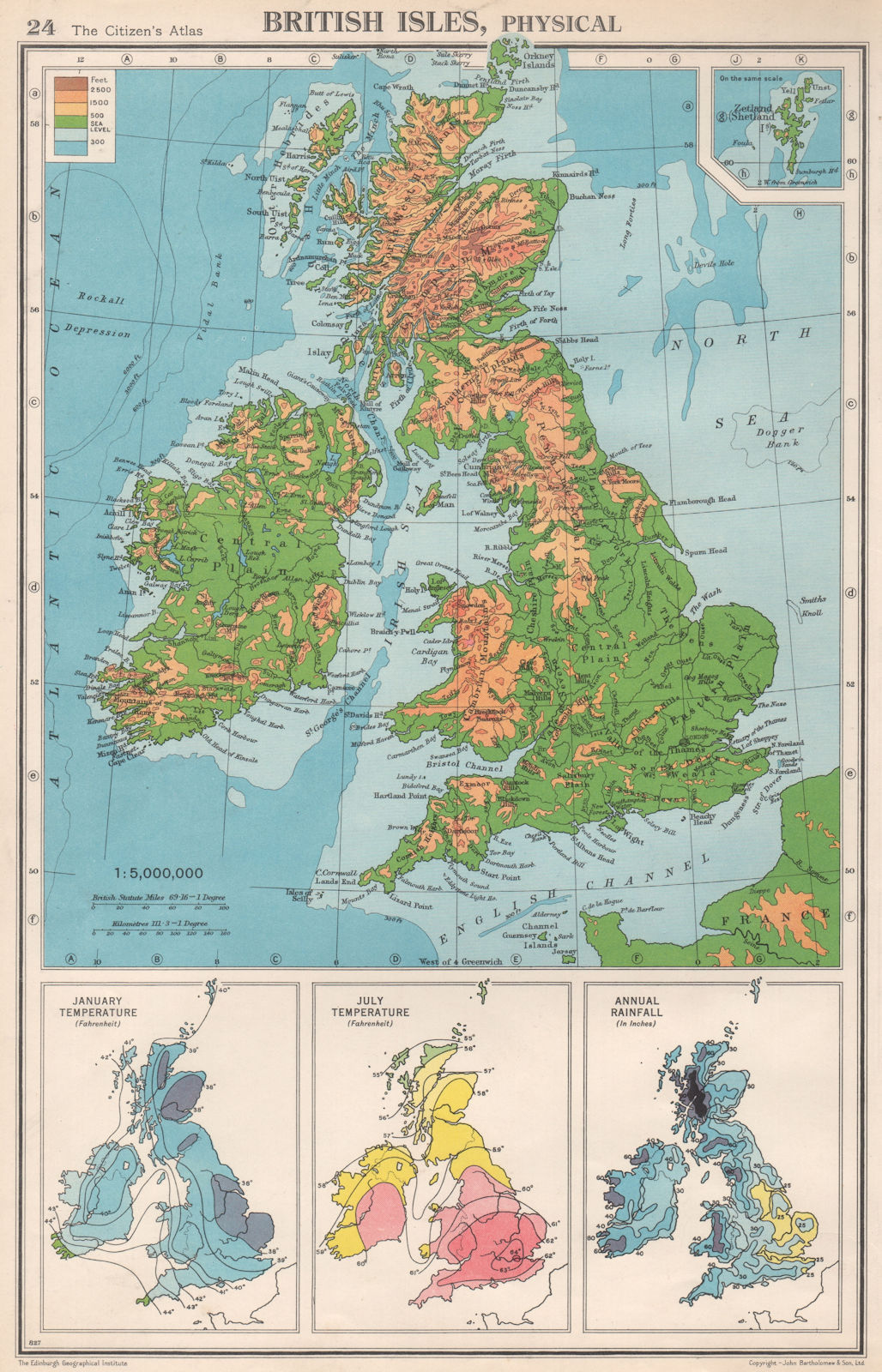 Associate Product BRITISH ISLES PHYSICAL & CLIMATE. January July temperature. Rainfall 1952 map