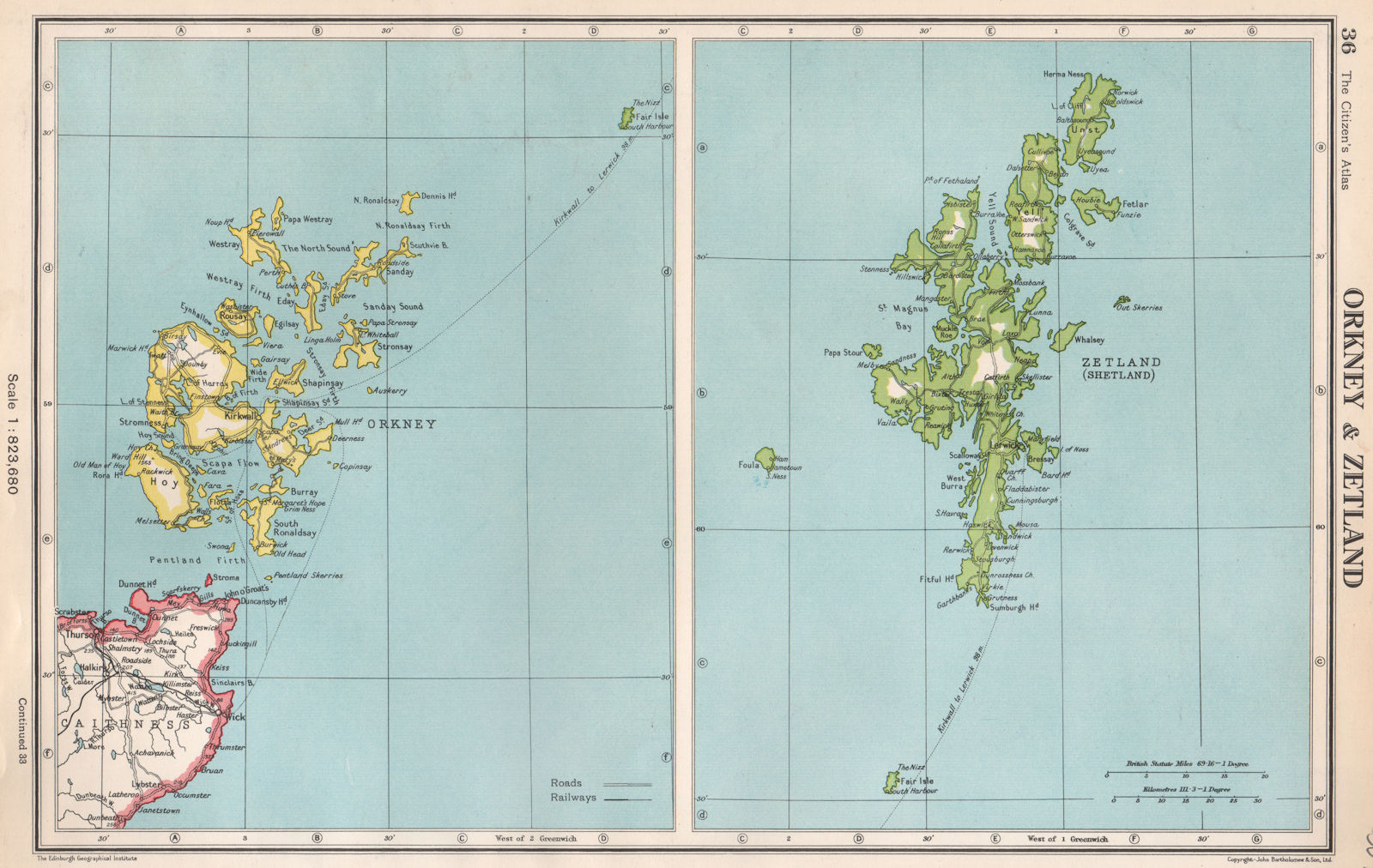 SCOTLAND. Orkney & Zetland Shetland Islands. BARTHOLOMEW 1952 old vintage map