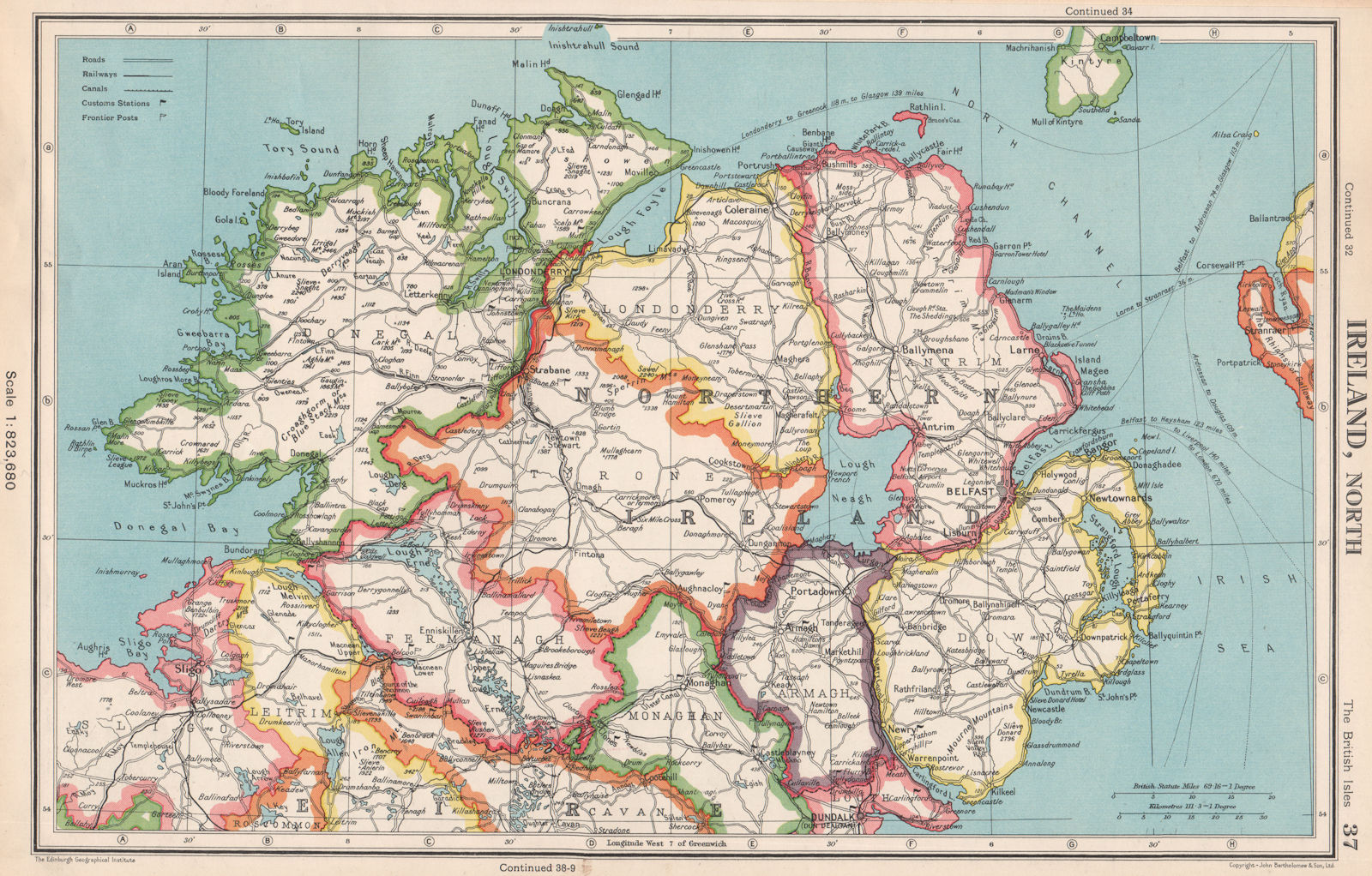 NORTHERN IRELAND. Ulster. Antrim Armagh Tyrone Londonderry. BARTHOLOMEW 1952 map