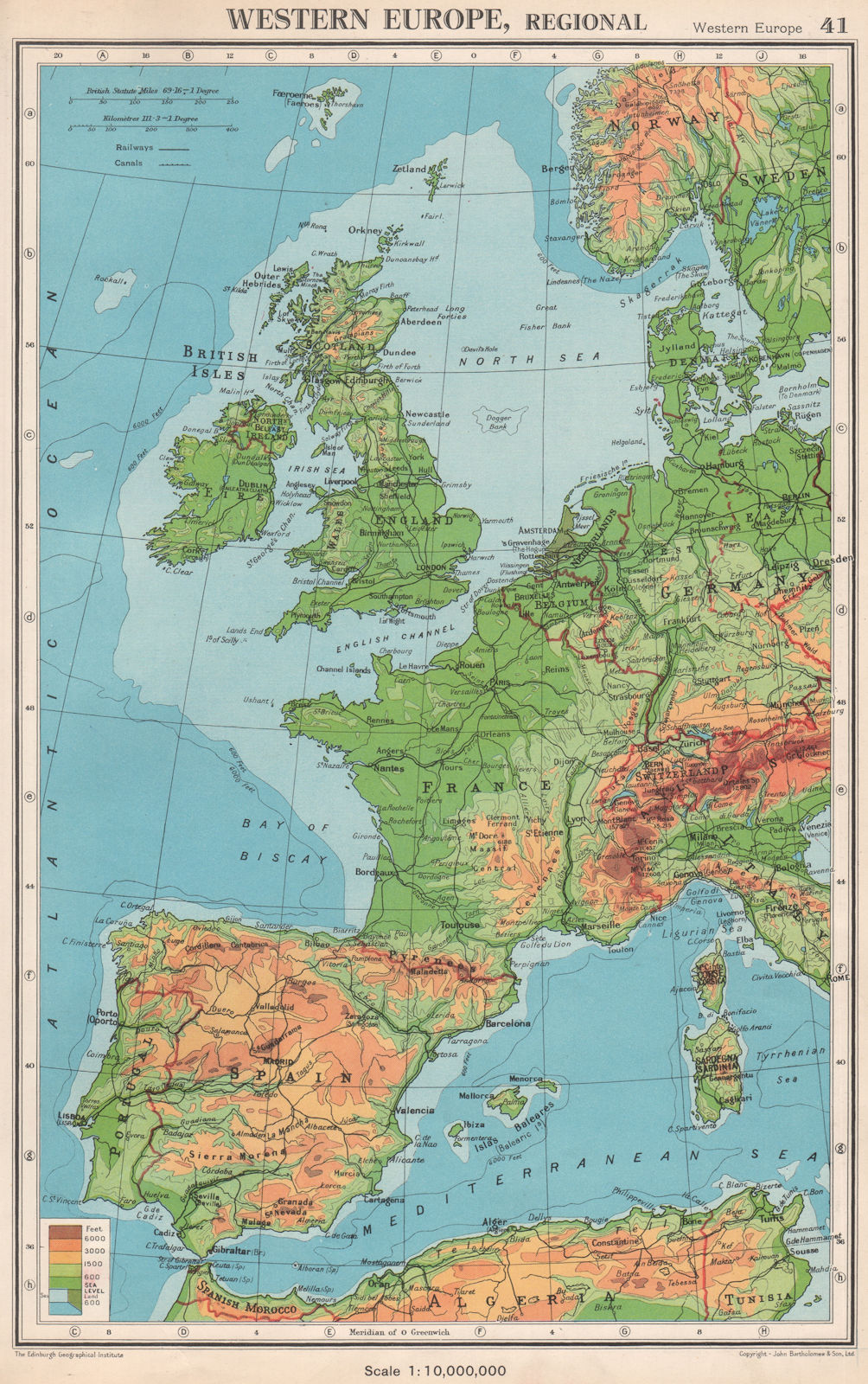 WESTERN EUROPE. Physical & main railways. BARTHOLOMEW 1952 old vintage map
