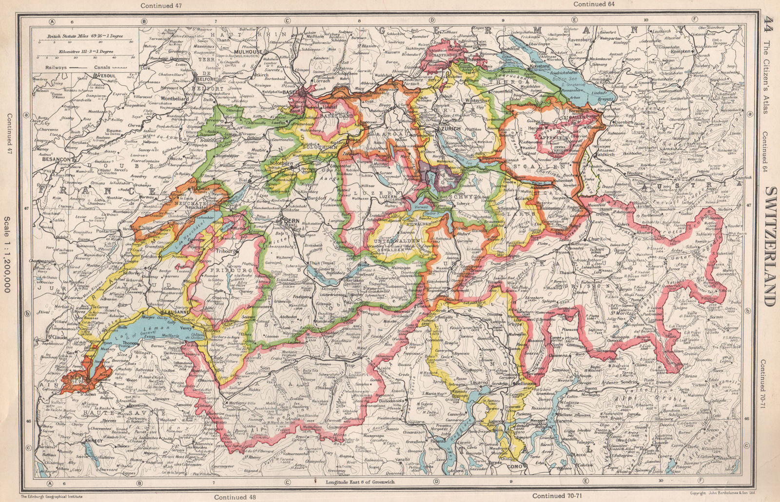 Associate Product SWITZERLAND. showing cantons & railways. BARTHOLOMEW 1952 old vintage map