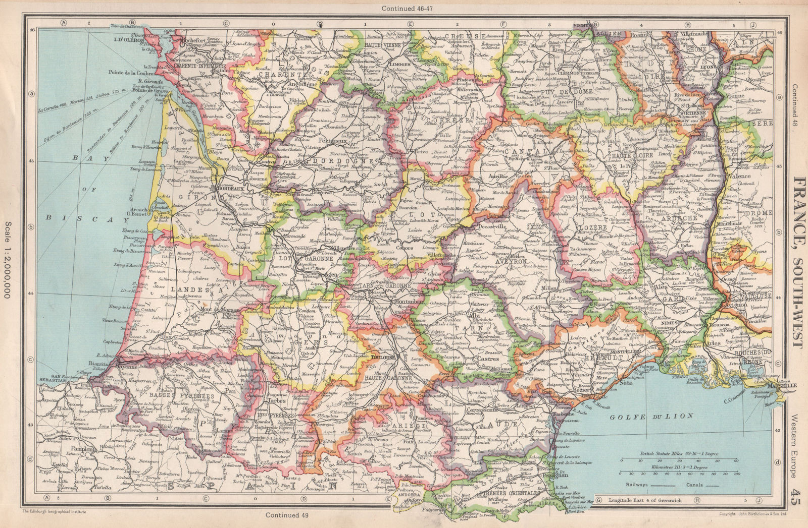 FRANCE SOUTH-WEST. Departements. BARTHOLOMEW 1952 old vintage map plan chart