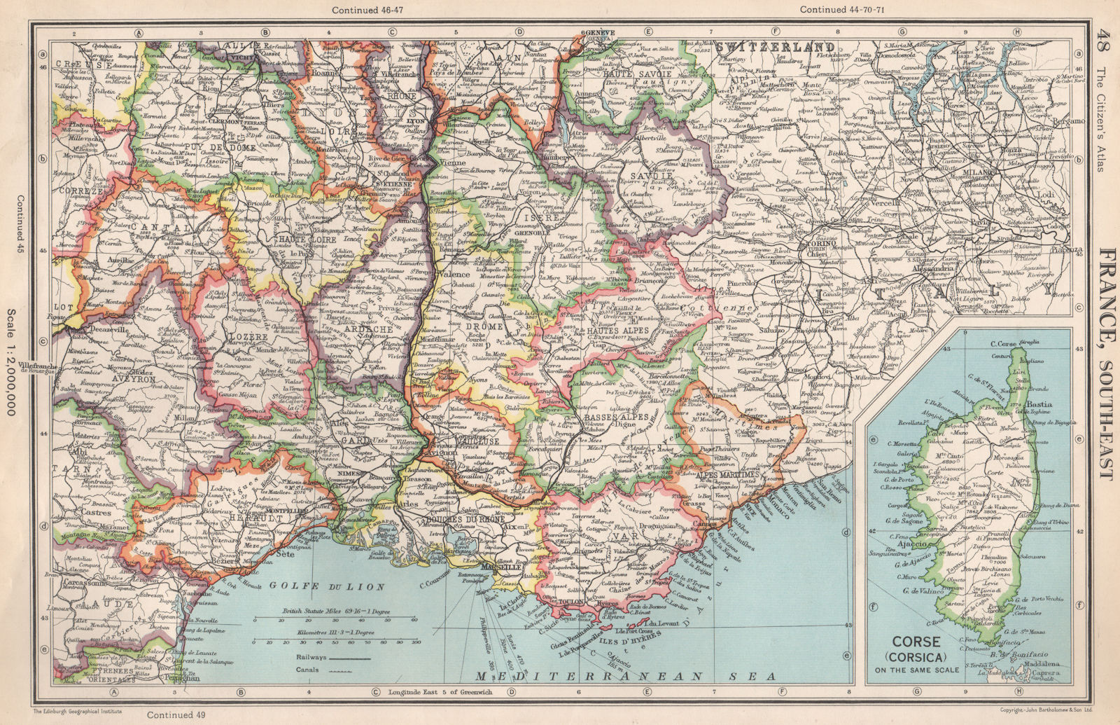 FRANCE SOUTH-EAST. Departements. BARTHOLOMEW 1952 old vintage map plan chart