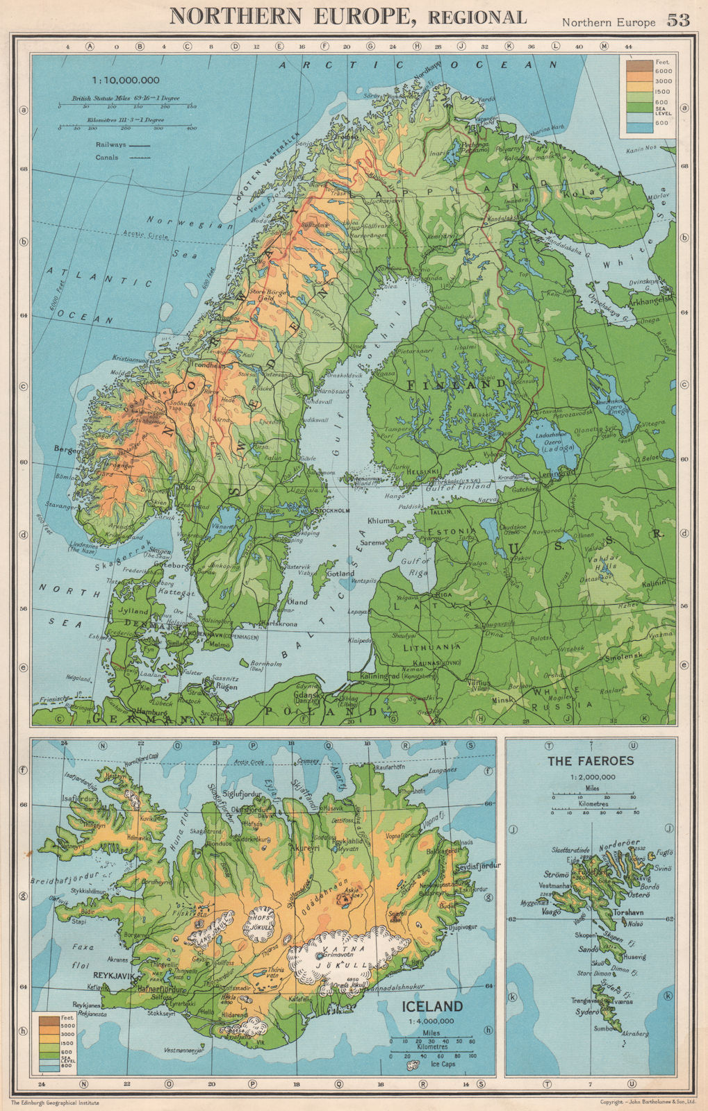 SCANDINAVIA PHYSICAL.Iceland Norway Sweden Denmark Finland.BARTHOLOMEW 1952 map
