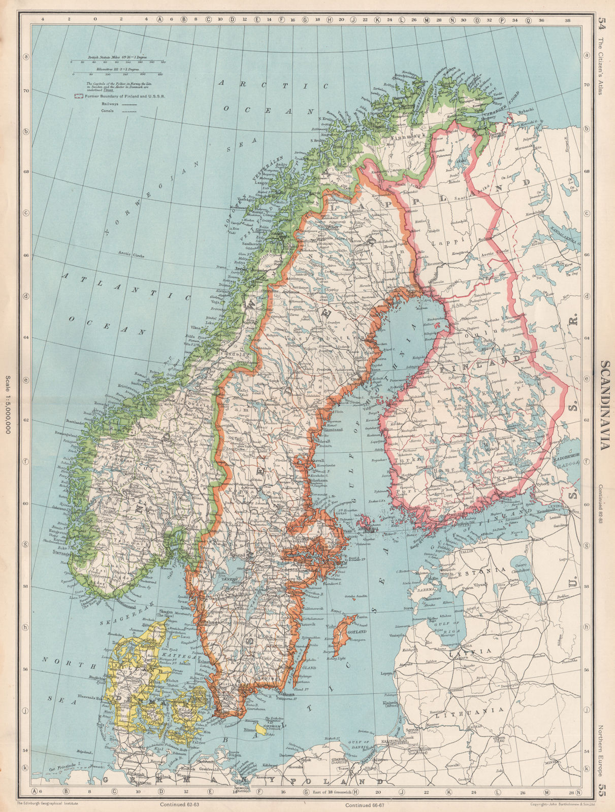 SCANDINAVIA. Sweden Norway Denmark Finland (shows < 1940 borders)  1952 map