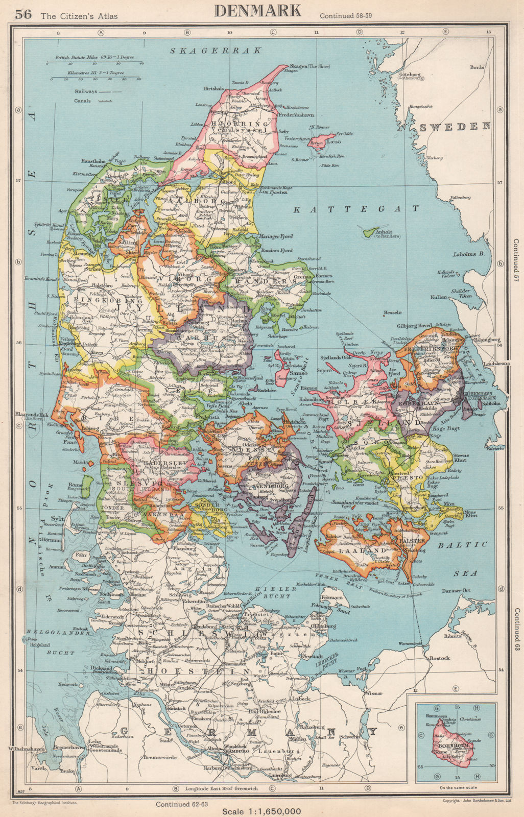 DENMARK. showing counties/amter. BARTHOLOMEW 1952 old vintage map plan chart