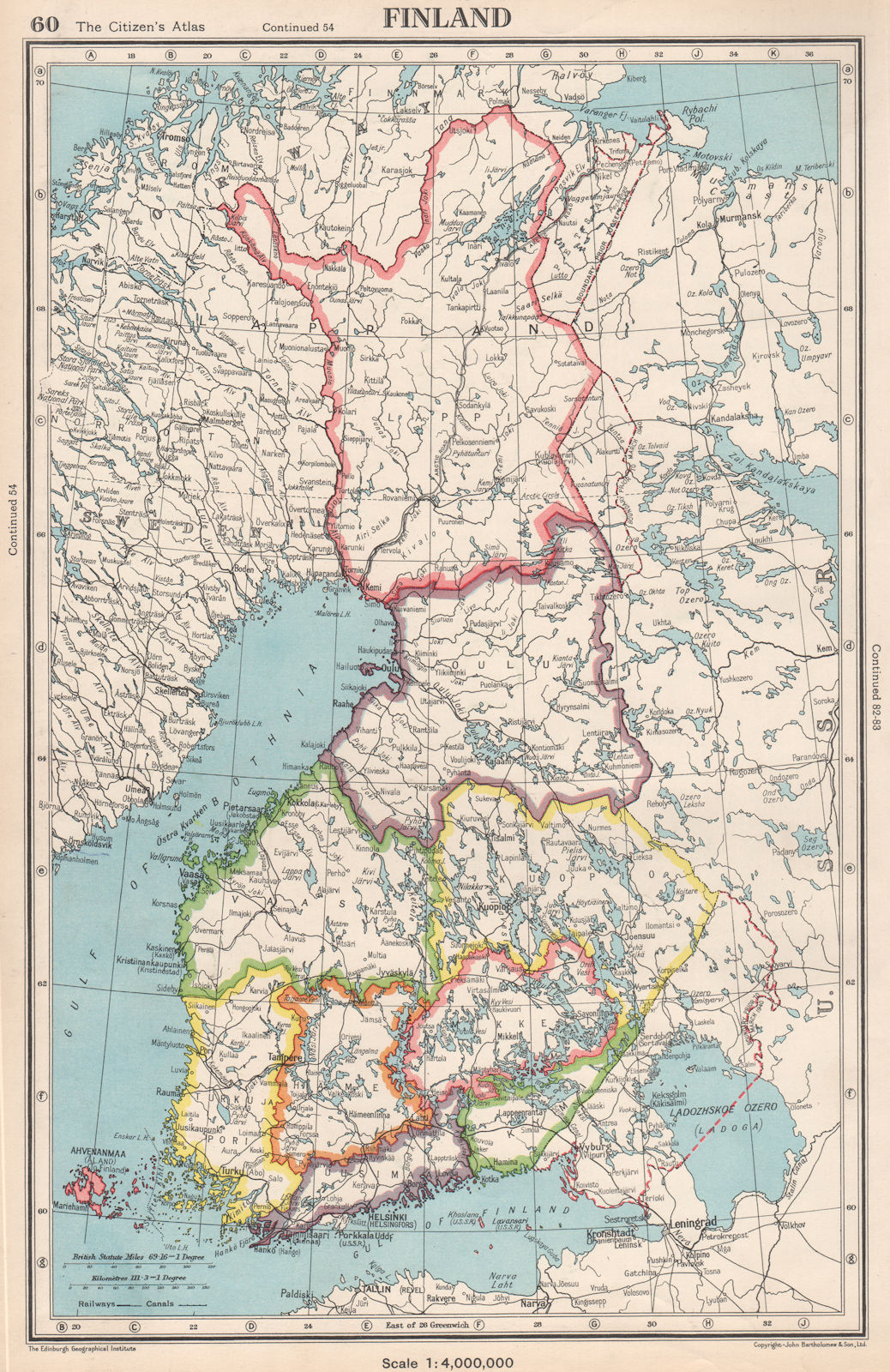 FINLAND. showing provinces. Also shows pre-1940 borders/changes 1952 old map