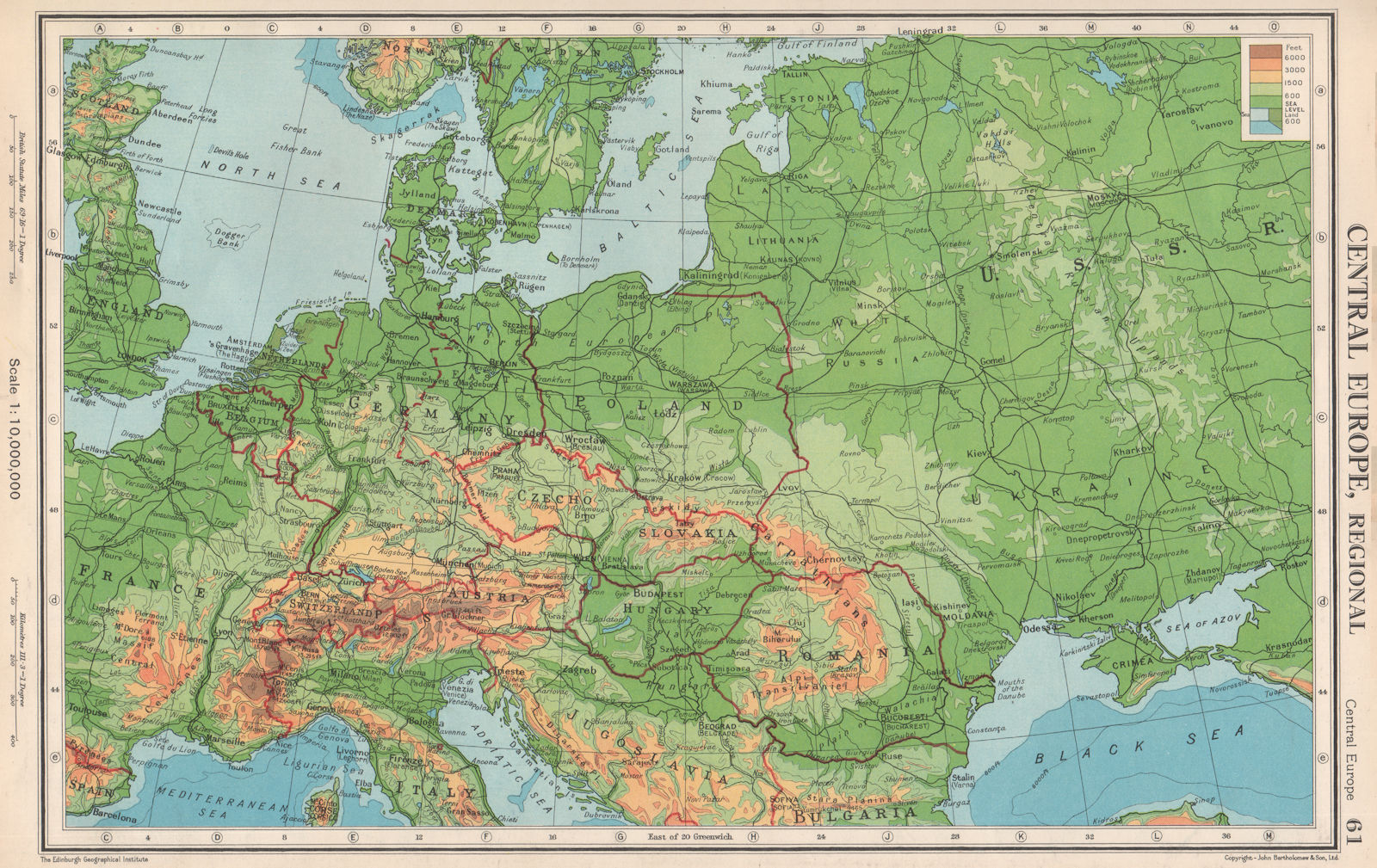 CENTRAL EUROPE. Physical. Main railways. BARTHOLOMEW 1952 old vintage map